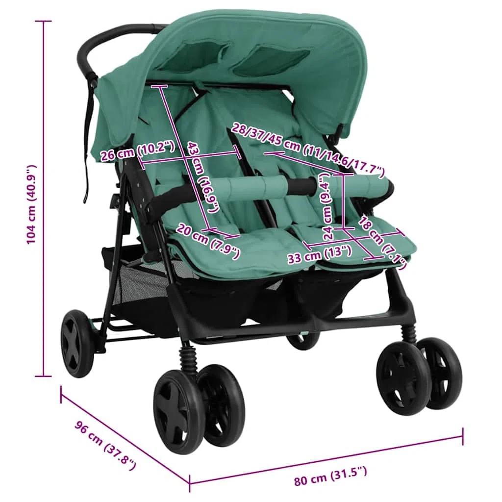 vidaXL Poussette à Deux Places Landau Pliable de Vayage Poussette de Voyage pour Tout-petit Extérieur Protection contre Rayons UV Vert Acier