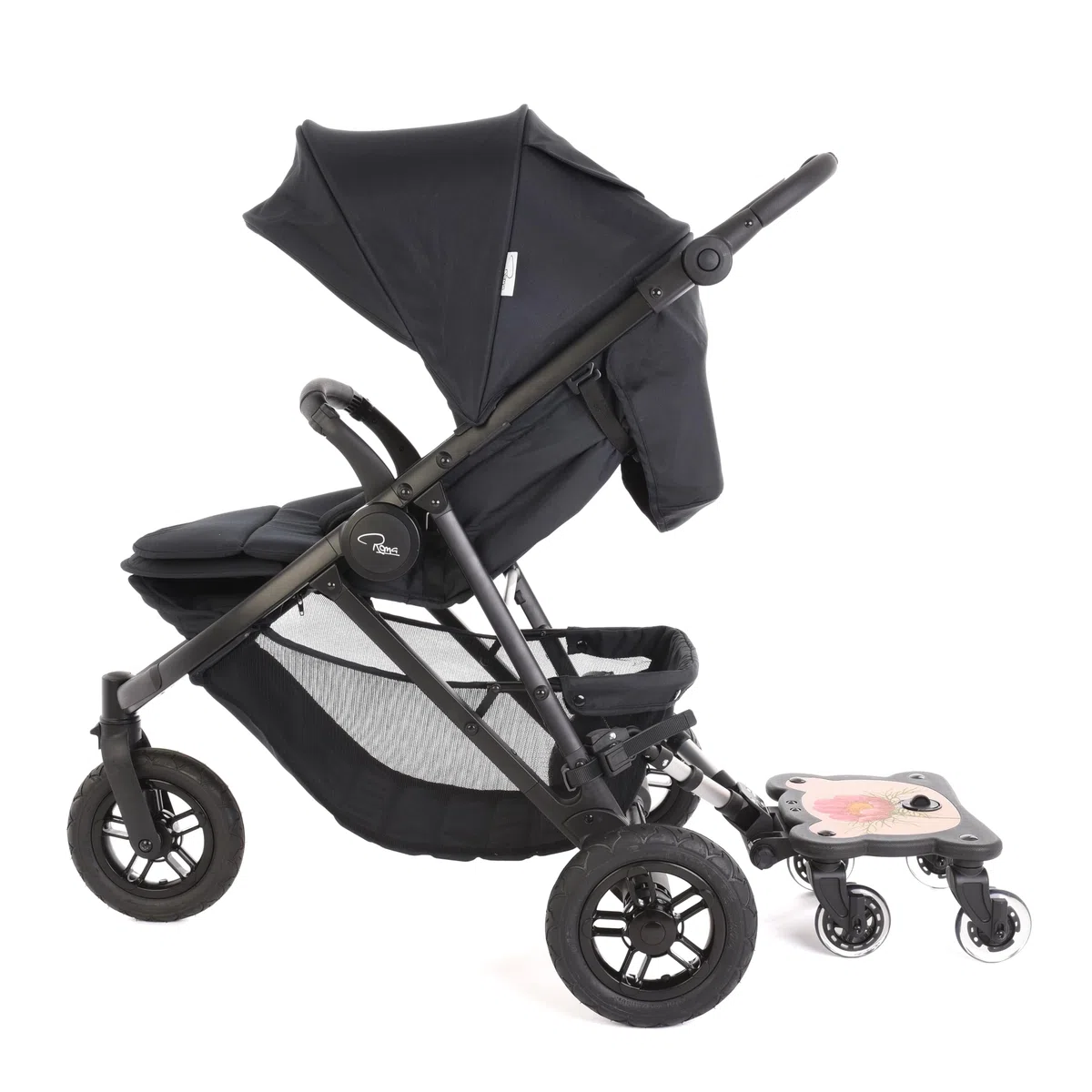 Roma X RHS Planche universelle pour poussette 4 Rider avec siège - Roues à LED, siège à motifs, s'adapte à 99% des landaus, pour enfants de 1 à 6 ans (25 kg), design à 4 roues, roue jouet, assise ou
