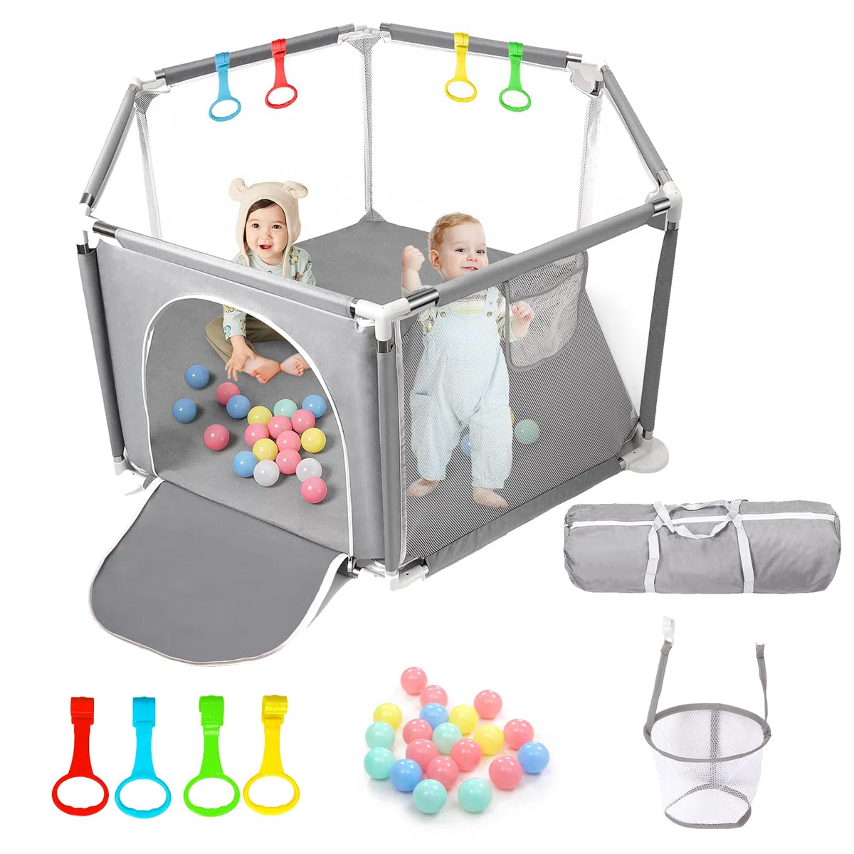 CHOLY Parc pour bébé et tout-petits, parc hexagonal stable avec filet respirant, clôture d'activités pour enfants pour l'intérieur et l'extérieur avec sac de voyage (gris clair)