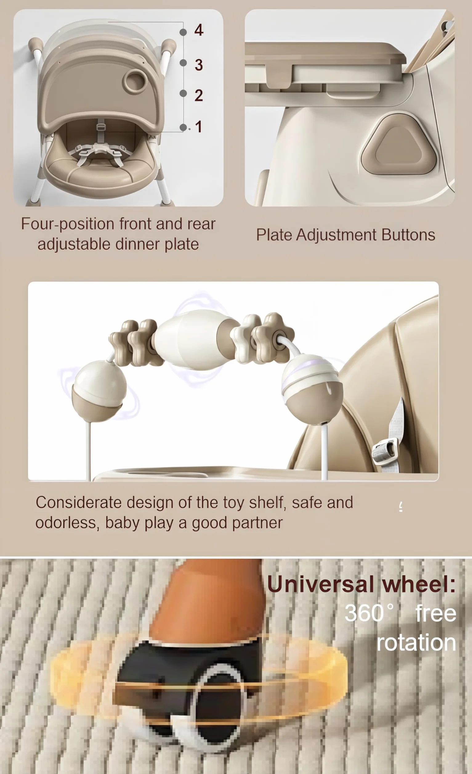 MoLi Cuir PU Chaise Haute Bébé avec Fonction Bascule, Chaise Haute Bébé Evolutive à Roulettes, Réglable et Facile à Plier Chaises Hautes, Chaises Bebe avec Double Plateau (560 Khaki)