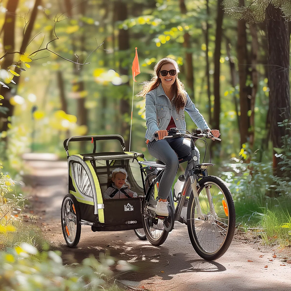 HOMCOM Remorque de vélo pour enfants et poussette, design 2 en 1 avec frein, ceinture à 5 points, remorque de vélo avec poches latérales, catadioptres et banderole, Jaune