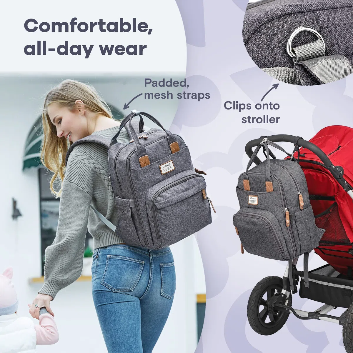 RUVALINO Sac à dos à langer Grand avec sac multifonctionnel pour bébé et matelas mobile - Porte-sucette - Taille unique