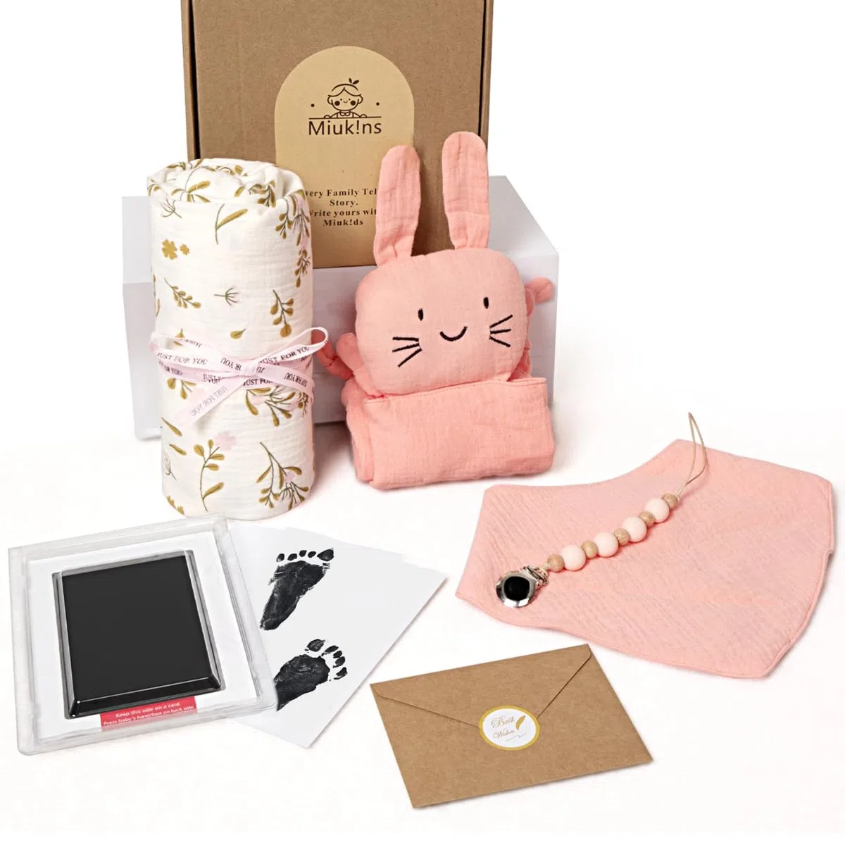 Coffret cadeau bébé 6 en 1 couverture mousseline doudou bavoir chaîne tétine pied carte cadeau Rose