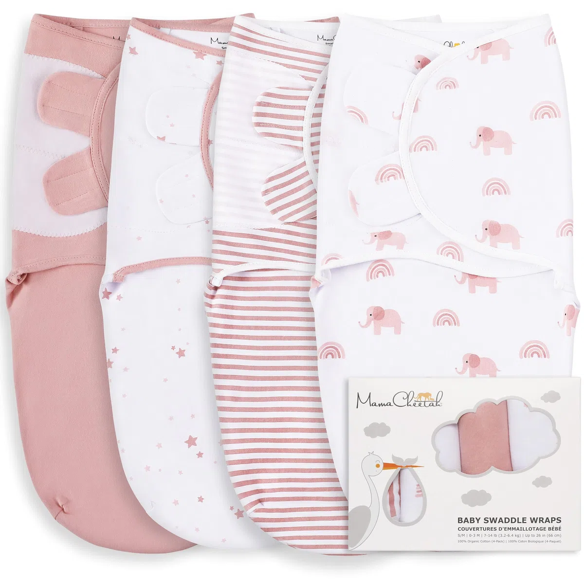 Mama Cheetah – Lot de 4 couvertures d’emmaillotage en Coton Bio pour bébé, Langes Ajustables faciles à Utiliser pour garçon et Fille de 0 à 3 Mois, Essentiels pour Nouveau-né