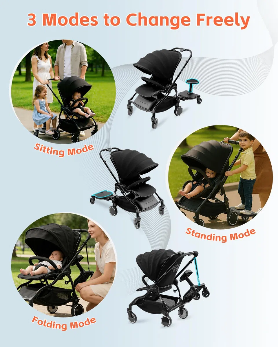 Vihir Planche Poussette Universelle avec Siège, Planches à roulettes pour bébé, Marche Pied Poussette pour Enfants de 2 à 6 Ans (25KG), Renouveler complètement