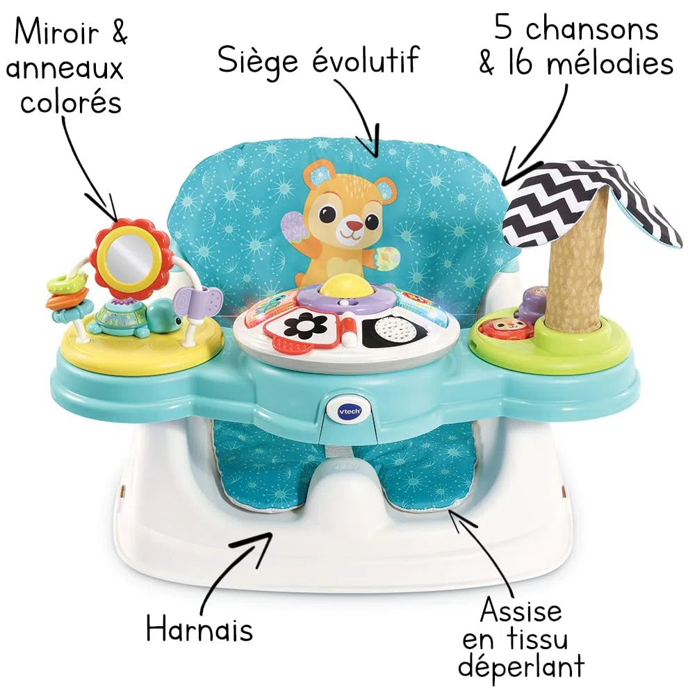 VTech - Siège-Rehausseur Interactif 5 en 1, Siège de Table Évolutif, Rehausseur Chaise Bébé, Plateau d'Activités Détachable, Jouet Sensoriel d'Éveil, Cadeau Bébé Dès 6 Mois - Contenu en Français