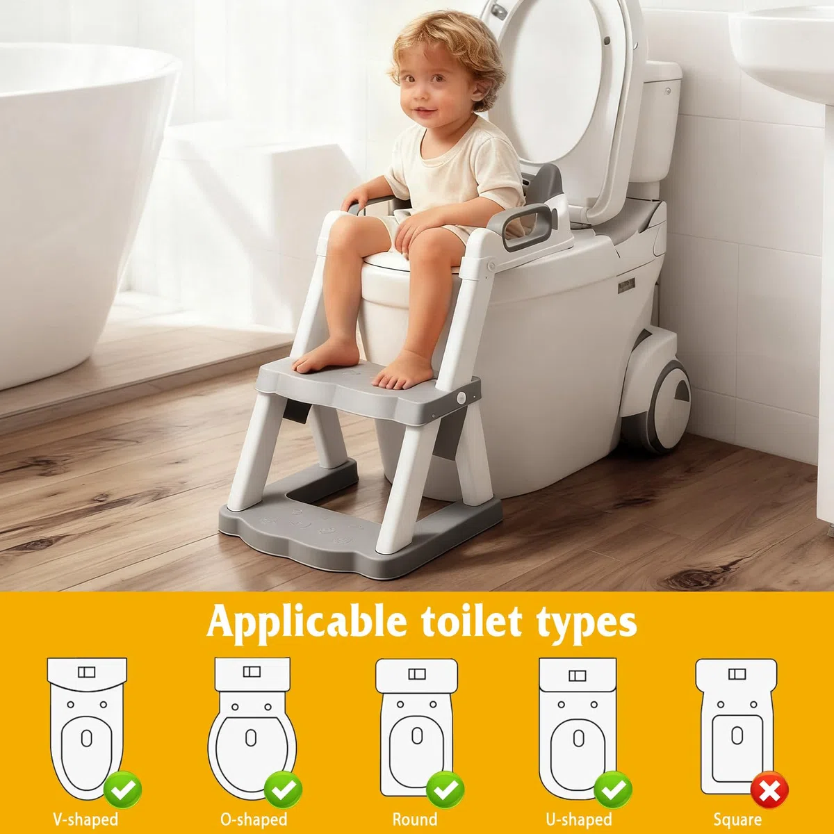 Reducteur Toilette Enfant,2 en 1 Rehausseur Toilette Enfant,Pliable Réducteurs De Toilettes Avec Escalier,Réglable en Hauteur et Portable,Adapté aux Toilettes en Forme de V, U, O