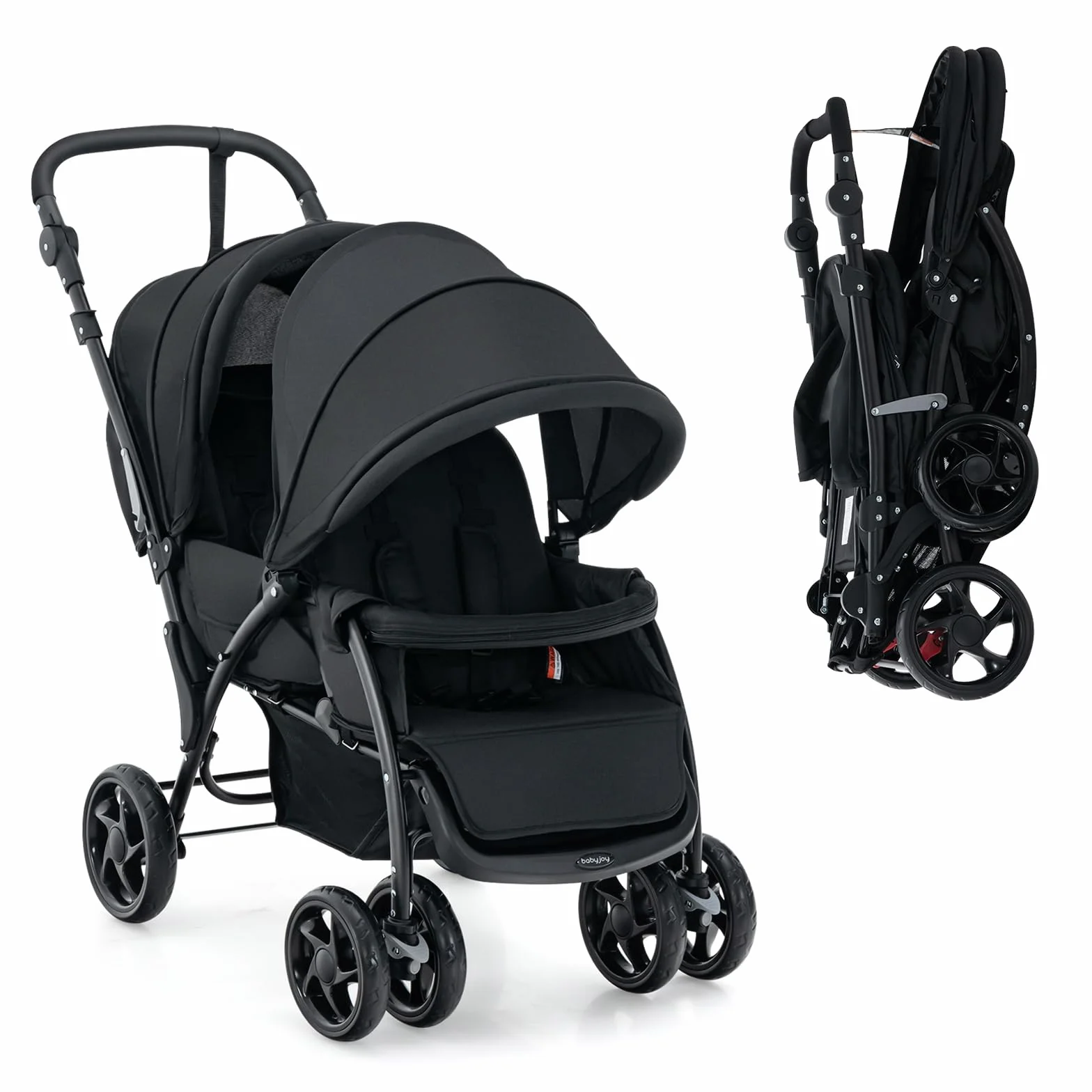 LIFEZEAL Poussette Double Pliable pour Jumeaux, Poussette 2 Places Réglable en 3 Positions, Poussette Canne avec Cosy, Roues Universelles avec Freins, Charge de 15+15 KG (Noir)