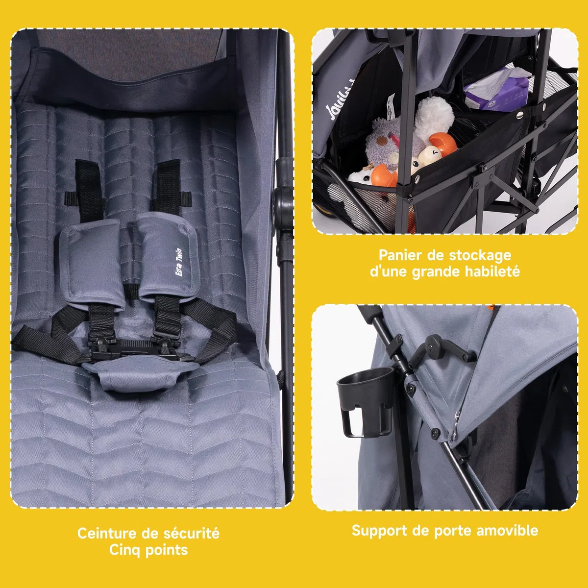 Jovikids Poussette double avec fonction allongée, pliable, avec pare-soleil, capote de pluie et porte-gobelet