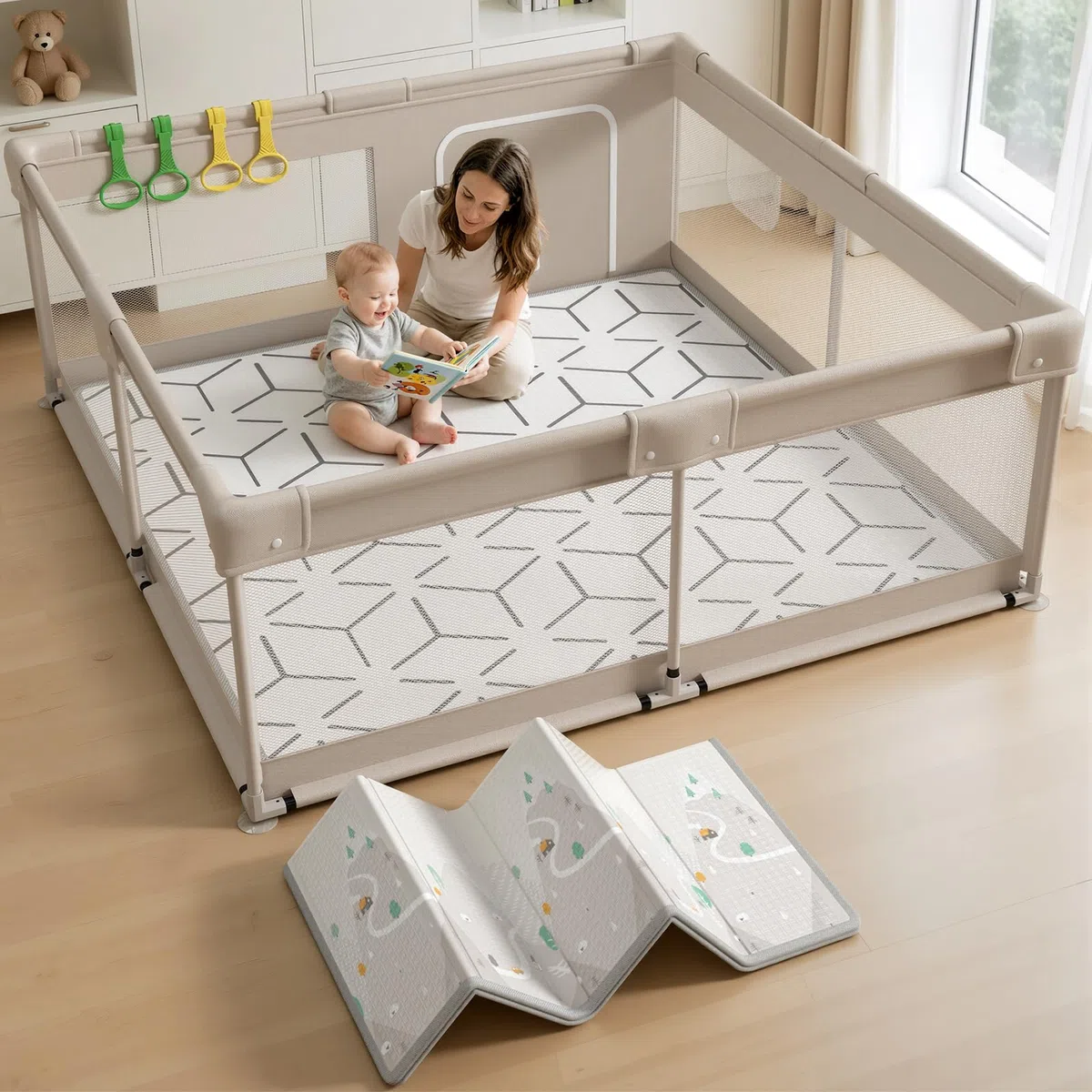 Parc Bebe avec Tapis 150x150cm - Barrière de Jeu pour Enfant avec Tapis Mousse Pliable et Anneaux
