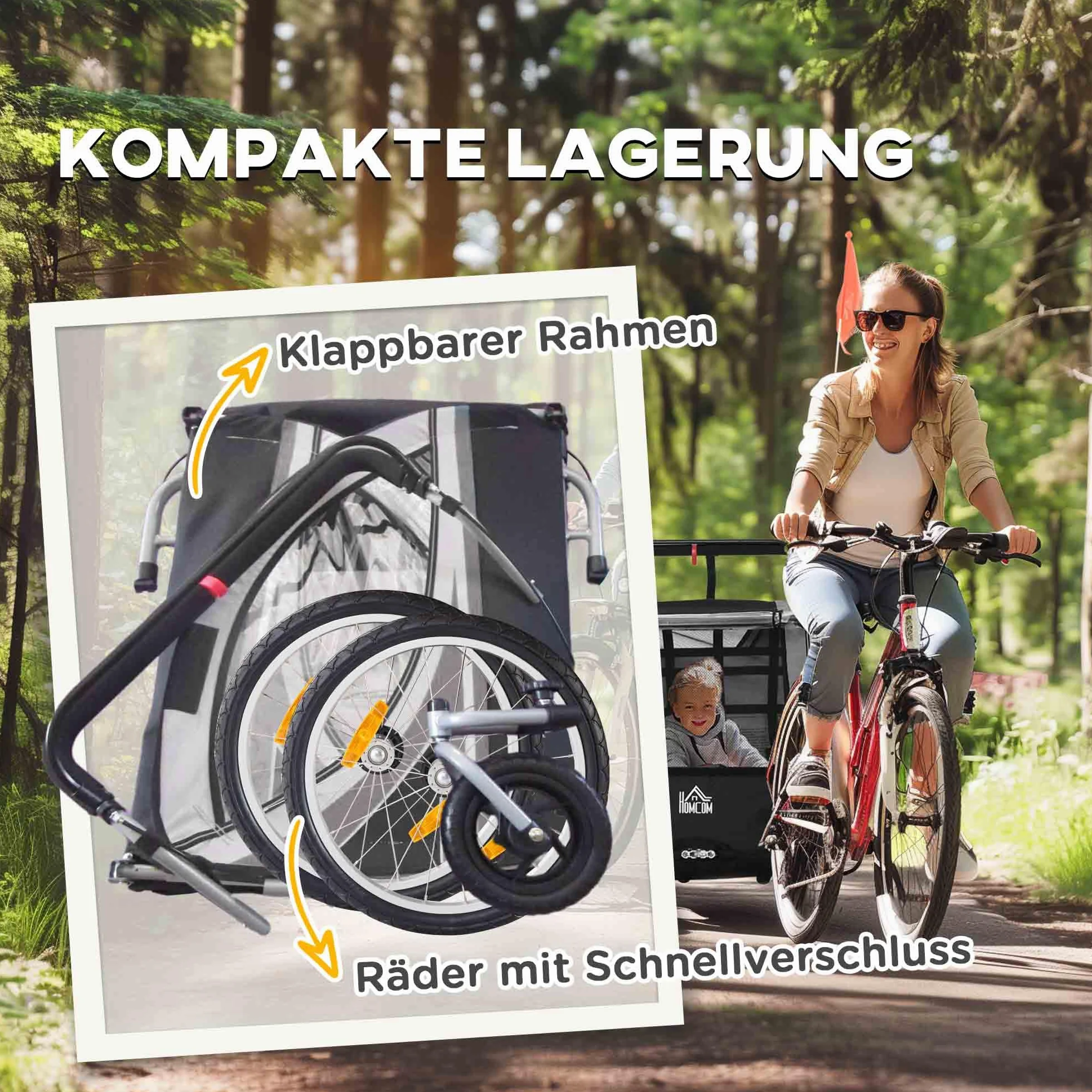 HOMCOM Remorque Enfant Pliable 2 en 1 Vélo Roue Avant Amovible Freins arrière 2 Enfants 18 Mois Charge 26.4 kg Gris