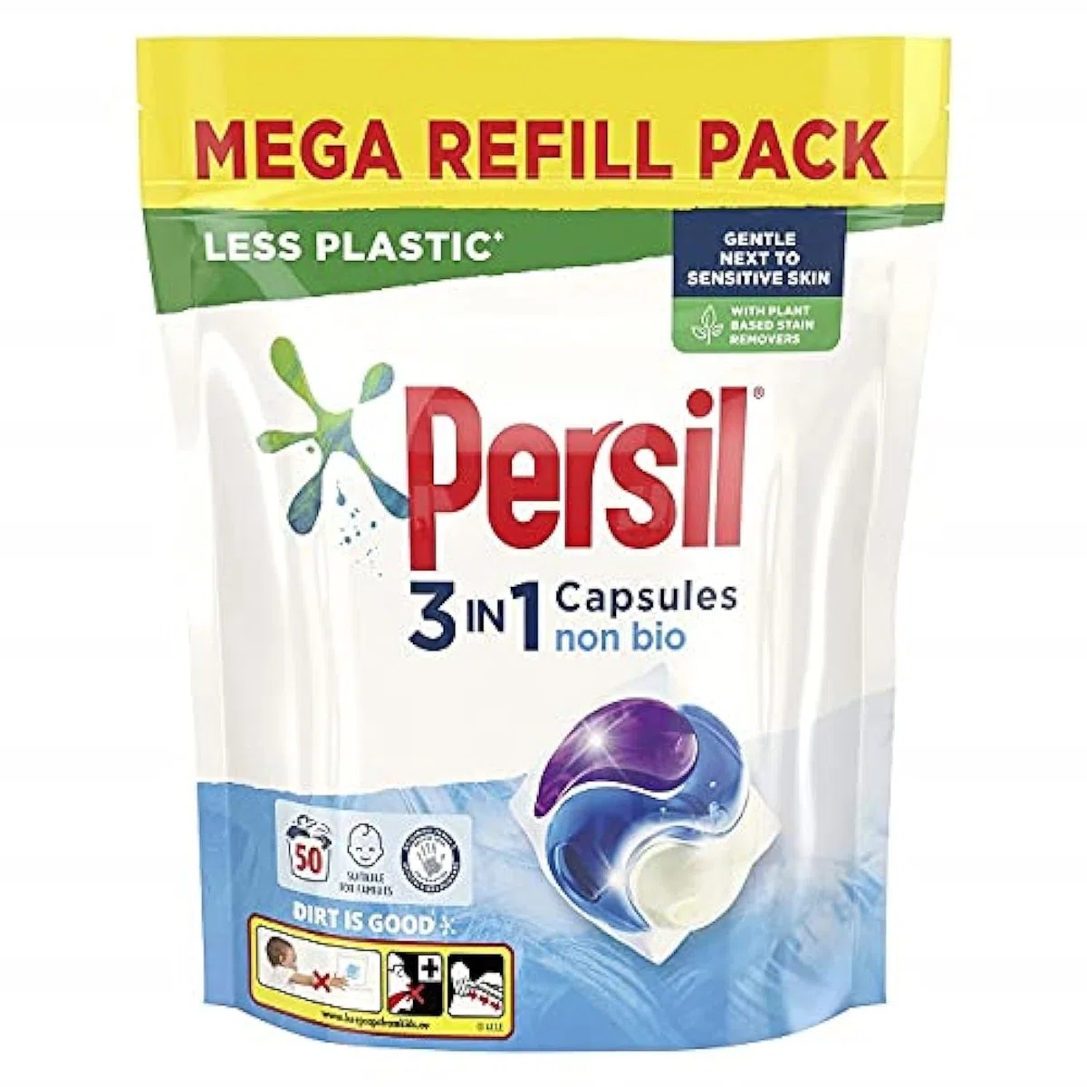 Persil Les capsules de lavage 3 en 1 non bio éliminent les taches la première fois pour un lavage doux près des peaux sensibles 1,350 kg (50 lavages)