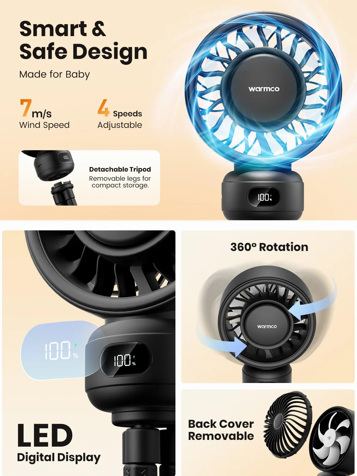 Warmco Ventilateur portable pour poussette, ventilateur à clipser rechargeable 4000mAh avec trépied flexible (jusqu'à 15H), 4 vitesses, affichage LED, grille détachable, fonctionnement silencieux