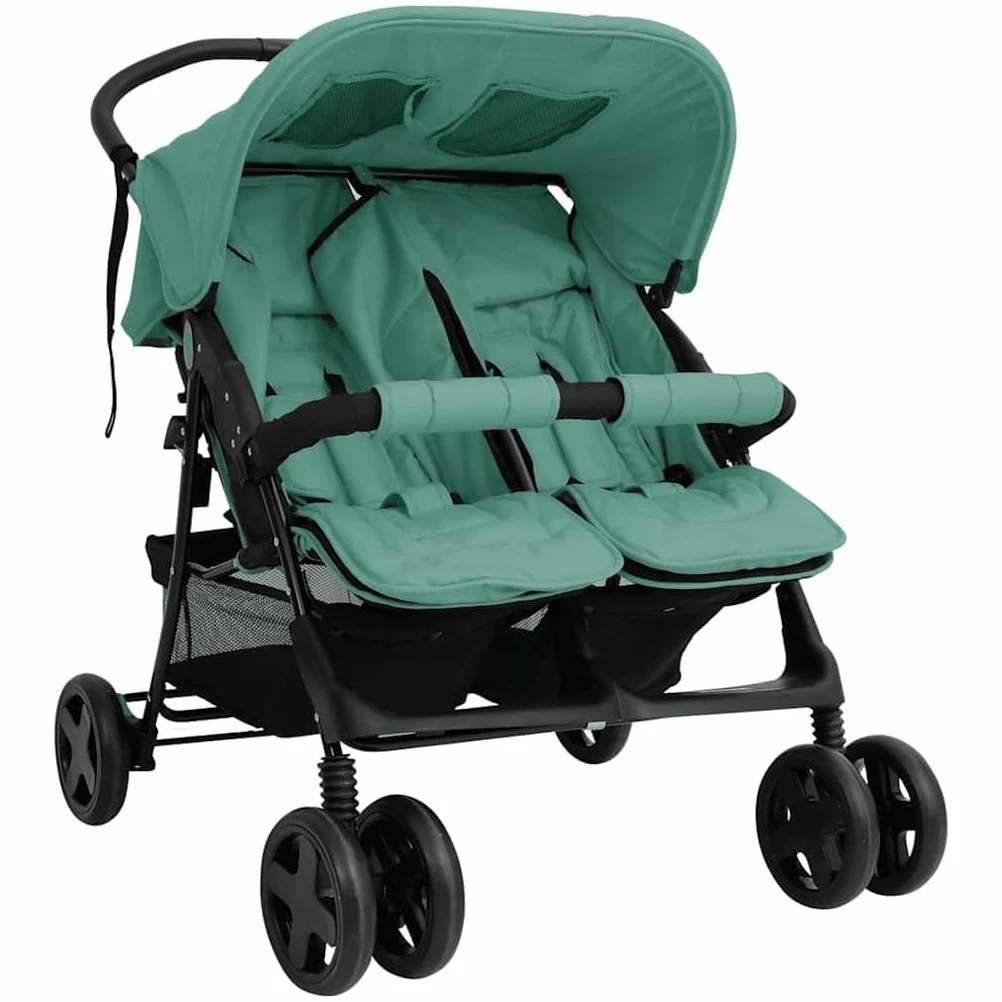 vidaXL Poussette à Deux Places Landau Pliable de Vayage Poussette de Voyage pour Tout-petit Extérieur Protection contre Rayons UV Vert Acier