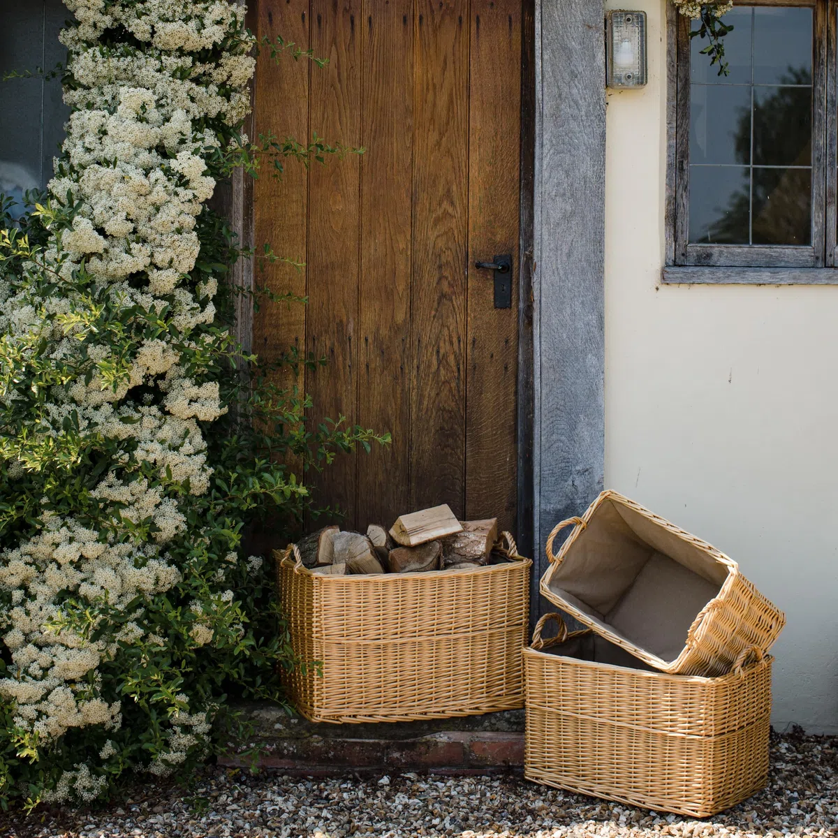 Panier de luxe rectangulaire en osier avec doublure et poignées (moyen, naturel)