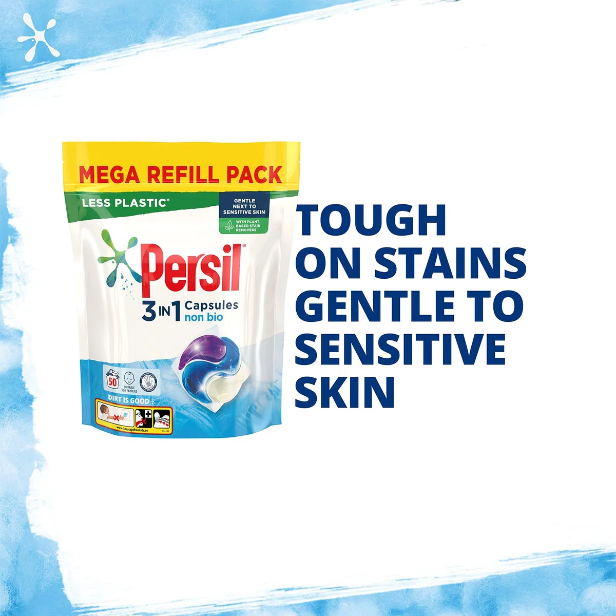 Persil Les capsules de lavage 3 en 1 non bio éliminent les taches la première fois pour un lavage doux près des peaux sensibles 1,350 kg (50 lavages)