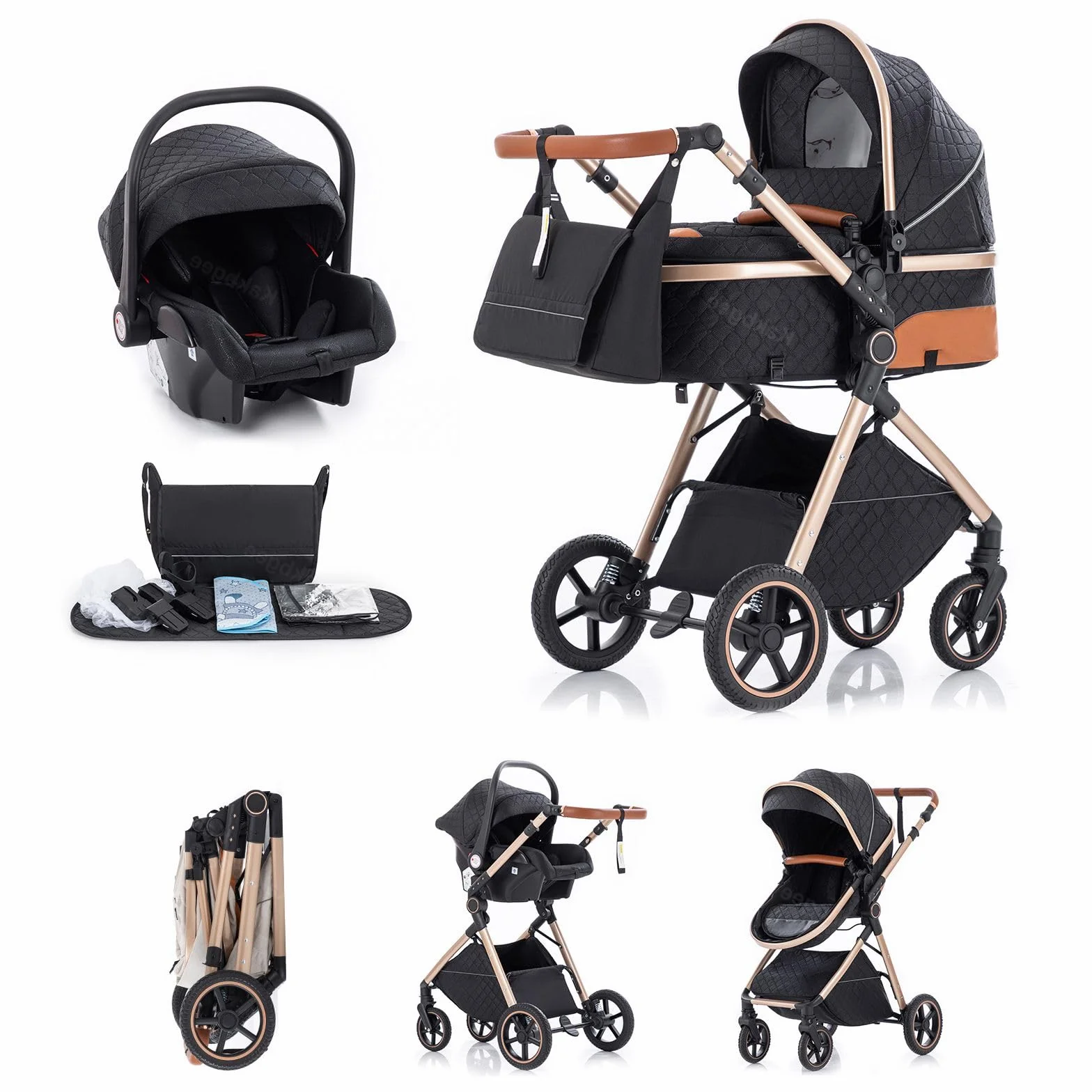 Trio Poussette 3 en 1 avec Siège Auto, Pliable, 7 Positions Poignée, Suspension 4 Roues, Noir