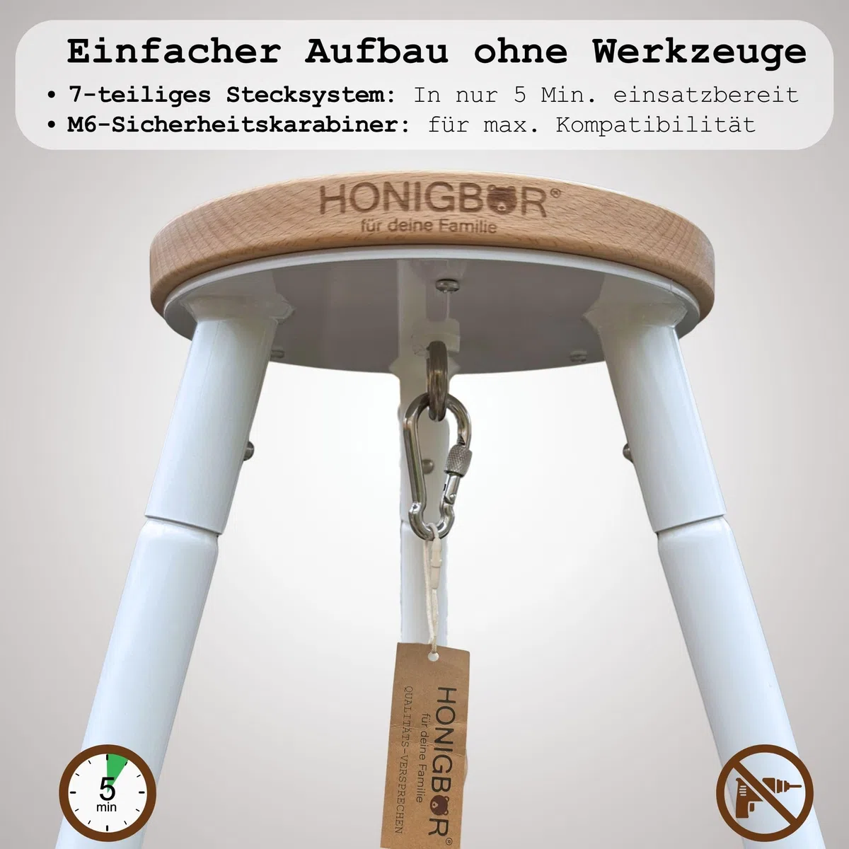 Honigbär Armature pour berceaux à ressorts, berceaux suspendus, hamacs pour bébé et transat | Pied | Testé TÜV | Acier inoxydable revêtu par pulvérisation – Blanc mat/chêne massif | Jusqu'à 40 kg