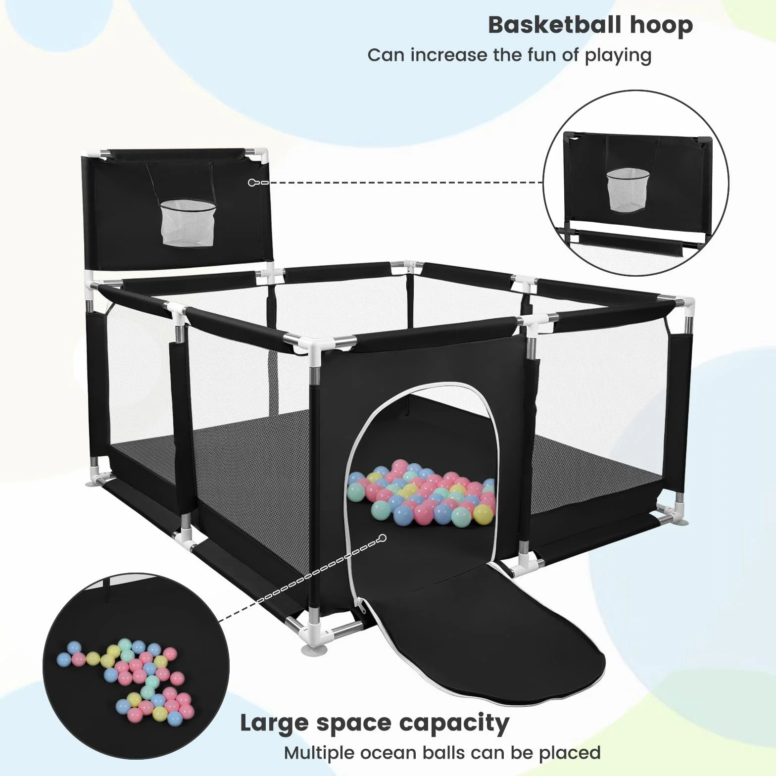 Parc Bébé,Modulable 126x126cm,50 Balles,Pliable pour Enfants 0-24 Mois,Aire de Jeu Sécurisée Maison, Tapis Anti-Dérapant Intérieur,Centre d'Activités pour Enfants,Basketball Rack
