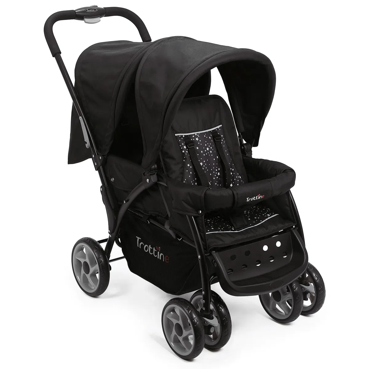 TWINBI Poussette Double Pour Jumeaux, Enfants Rapprochés, Maniable et Facilement Pliable, 2 Dossiers Inclinables Dont 1 à Plat, 2 Tabliers, Grand Panier, Habillage Pluie Intégral – NoirEtoile