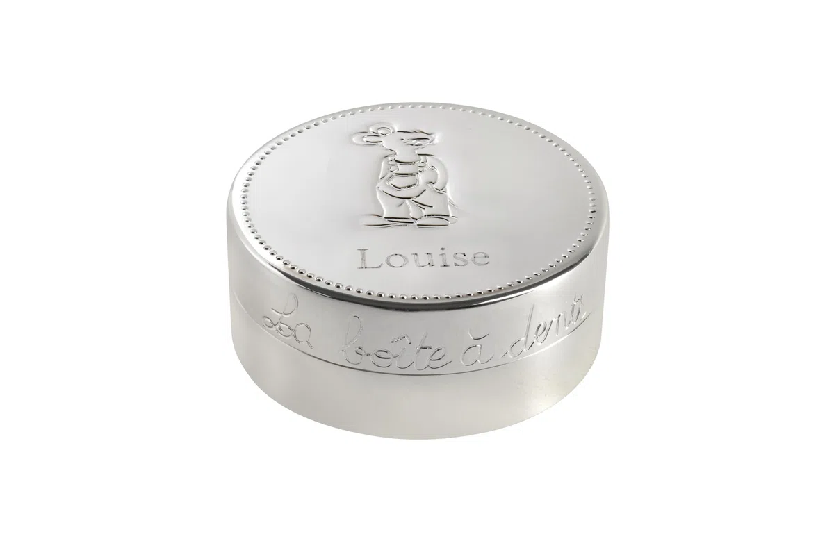 Boîte à Dents de Lait en Métal Argenté, Personnalisable avec Prénom, 6 cm x 2,5 cm, Motif Petite Souris