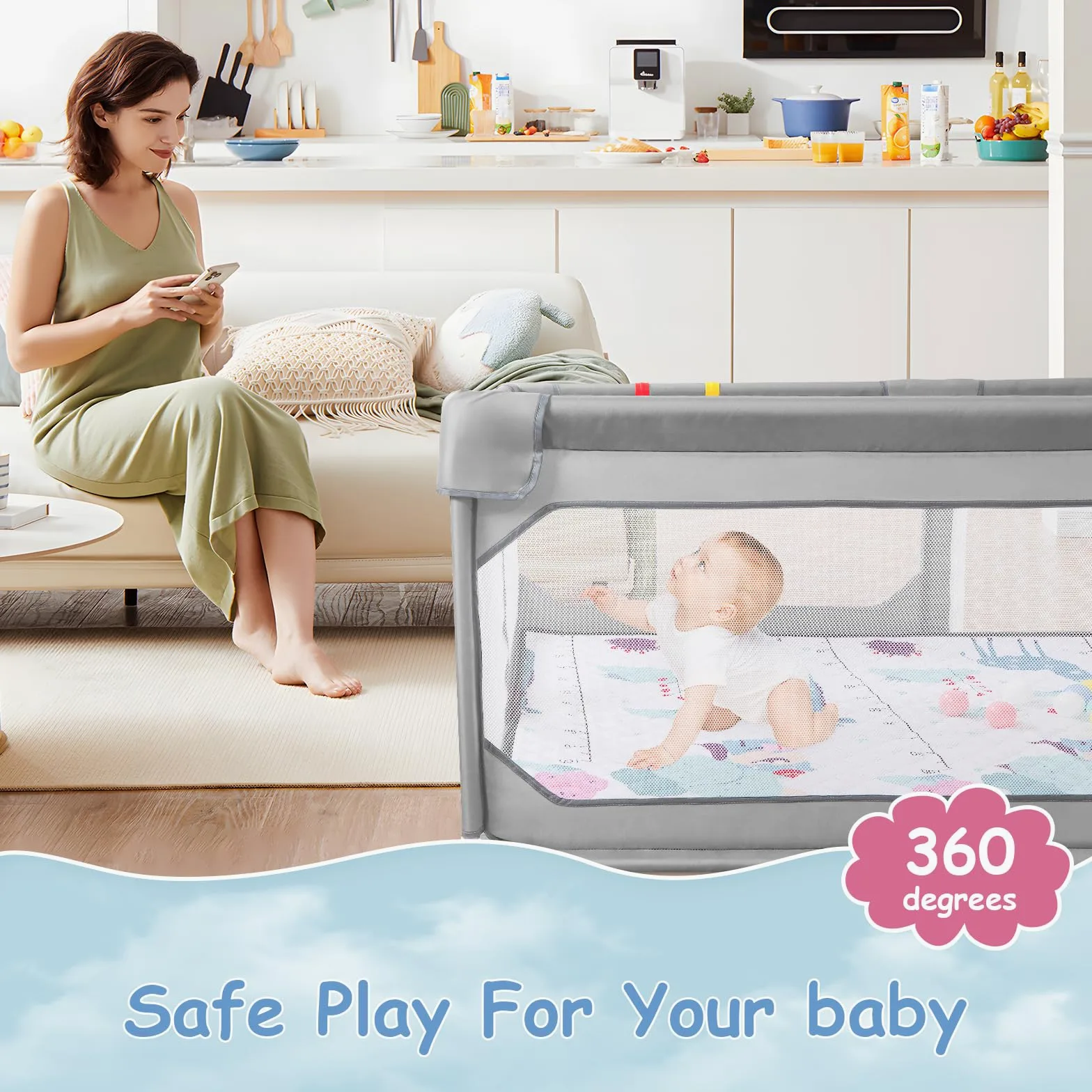 JINXIA Parc Bebe,190x150 cm,XXL Pliable Parc Modulable Bébé Avec Barrieres/Filets/Balle Océanique/Panneau d'activité,Playpen extra grand pour bébés et tout-petits,parc enfant,Gris