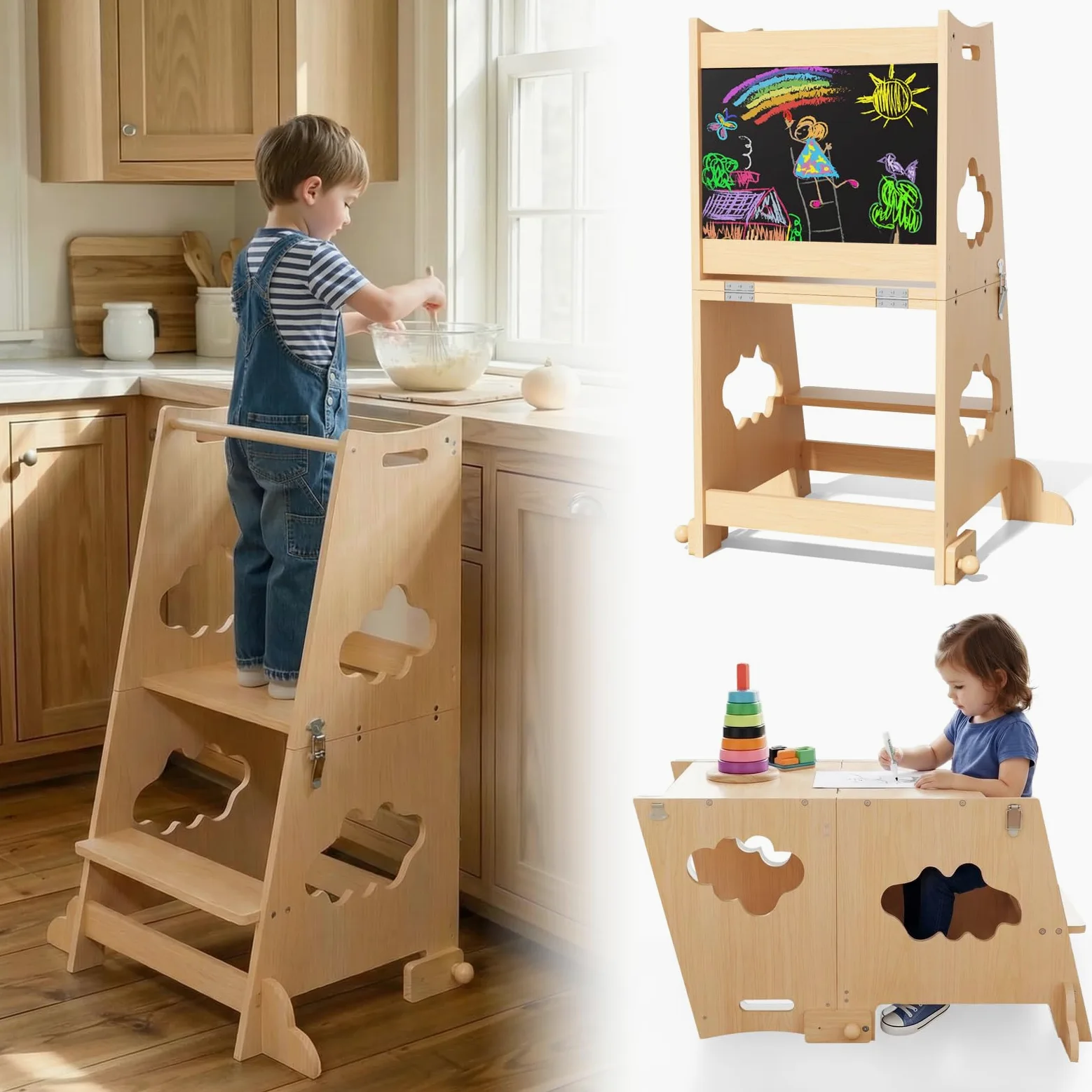 KIDINIX Tour d'Observation Enfant, Tour d'Apprentissage 3 en 1 avec Garde-Corps et Tableau Noir, Tour Montessori Pliable