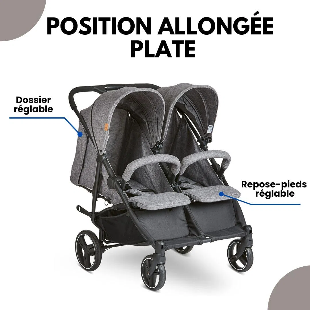 ABC Design Poussette Double Twin Circle – Légère, Maniable, Compacte pour Jumeaux et Frères & Sœurs, Fonction Allongée, Pliage facile, Housse Pluie – Gris Chiné