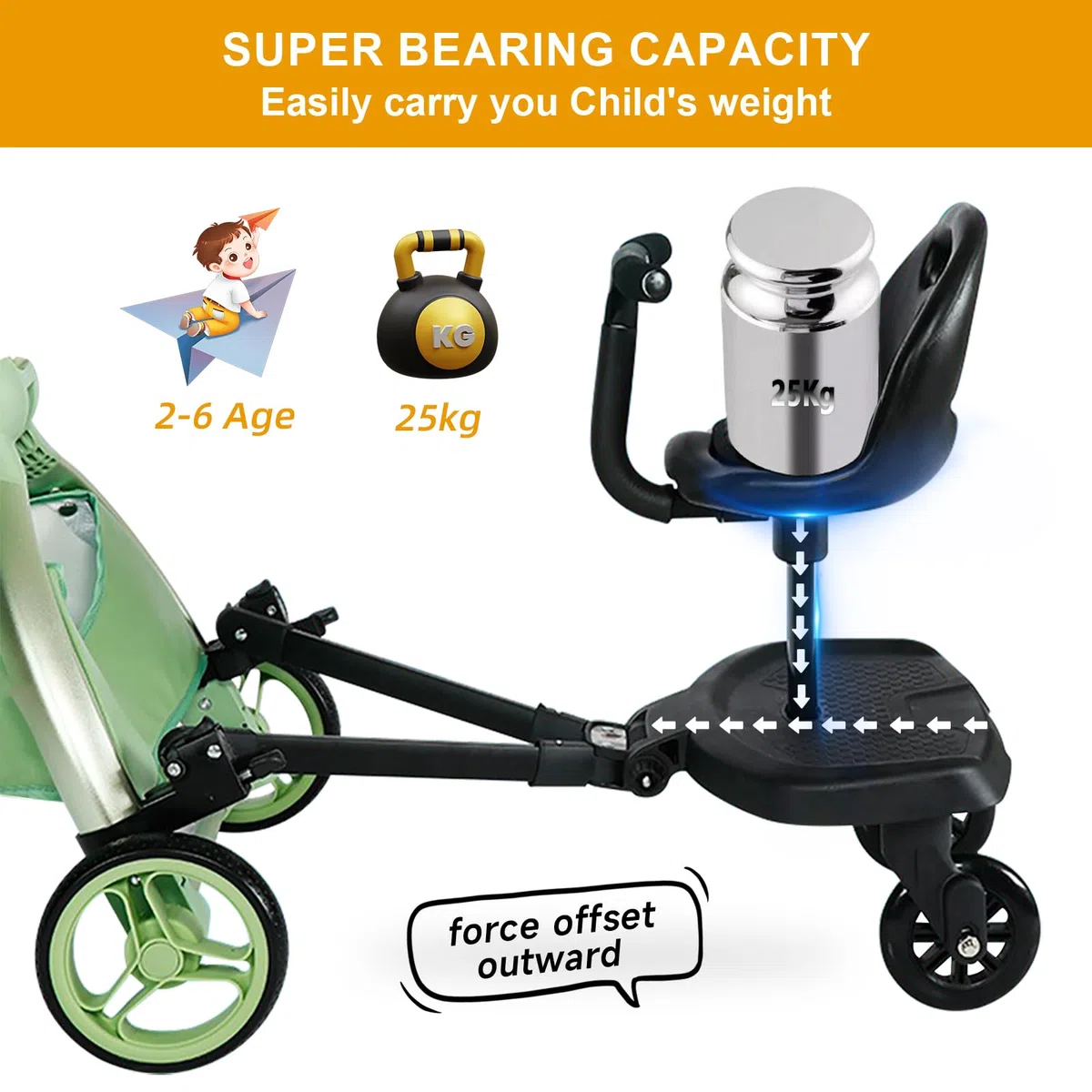 Planche de Poussette Universelle,Vihir Planches À Roulettes Pour Bébé, Buggy Board avec Siège, Adaptée Aux Enfants De 2 À 6 Ans, Avec Accoudoirs et Dossier, Démontage en un Clic