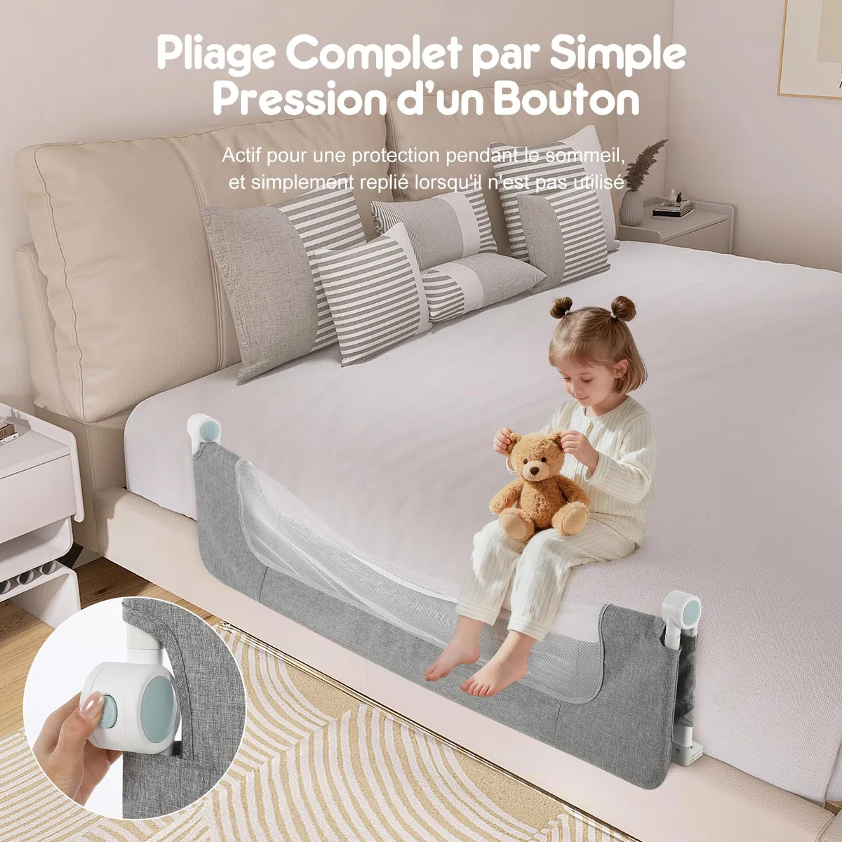 Barrière de Lit Enfant 150 cm Repliable, Cadre Large Anti-Collision pour Tous Types de Lits