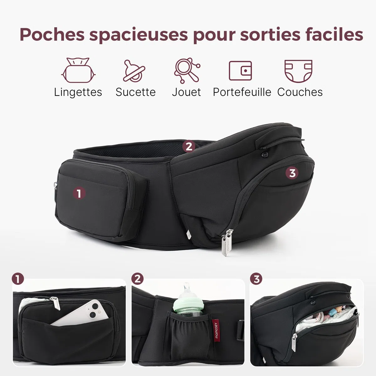 Momcozy Porte-bébé 2 en 1 avec coussin de hanche, réglable, amovible, jusqu'à 20 kg, respirant, soutien lombaire, noir