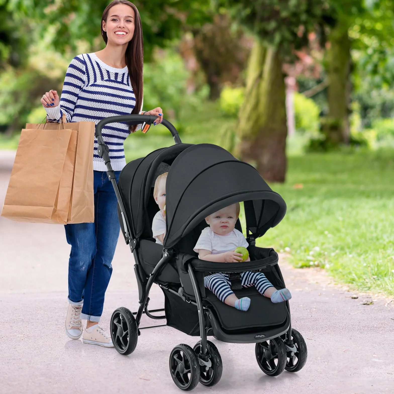LIFEZEAL Poussette Double Pliable pour Jumeaux, Poussette 2 Places Réglable en 3 Positions, Poussette Canne avec Cosy, Roues Universelles avec Freins, Charge de 15+15 KG (Noir)