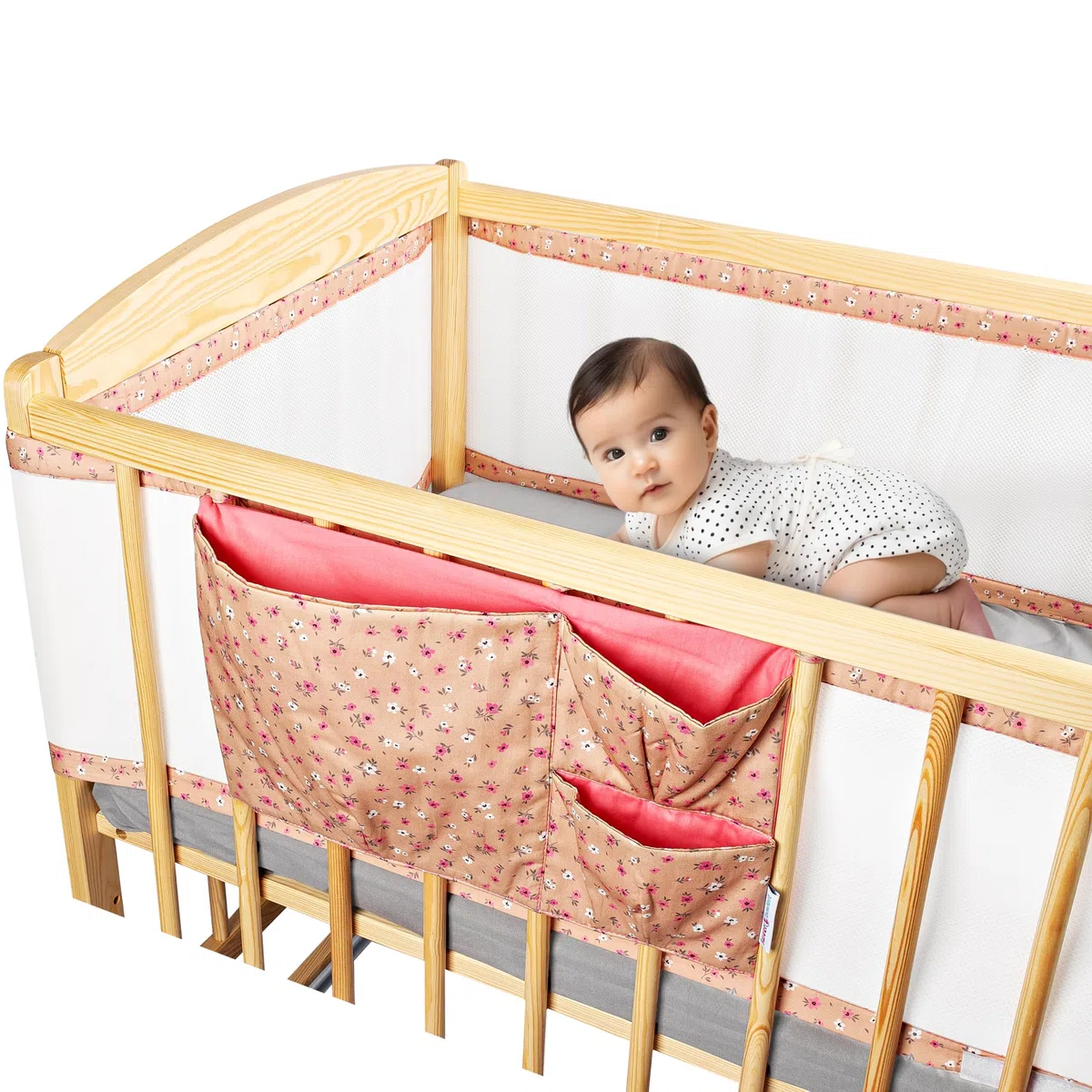 Tour de Lit Bébé Fille avec Pochette de Rangement - Contour de Lit Bébé 60x120 et 70x140 cm à Lattes 3 à 4 Côtés - Tour de Lit Respirant Conforme à la Norme de Sécurité NF EN 16780 - Rose Floral