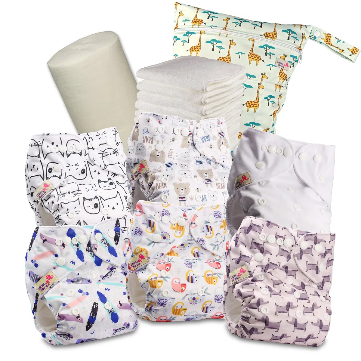 Littles & Bloomz Couche Lavable à Poche avec Boutons-Pression, 6 Inserts Microfibre, Voiles Bambou & Sac Imperméable