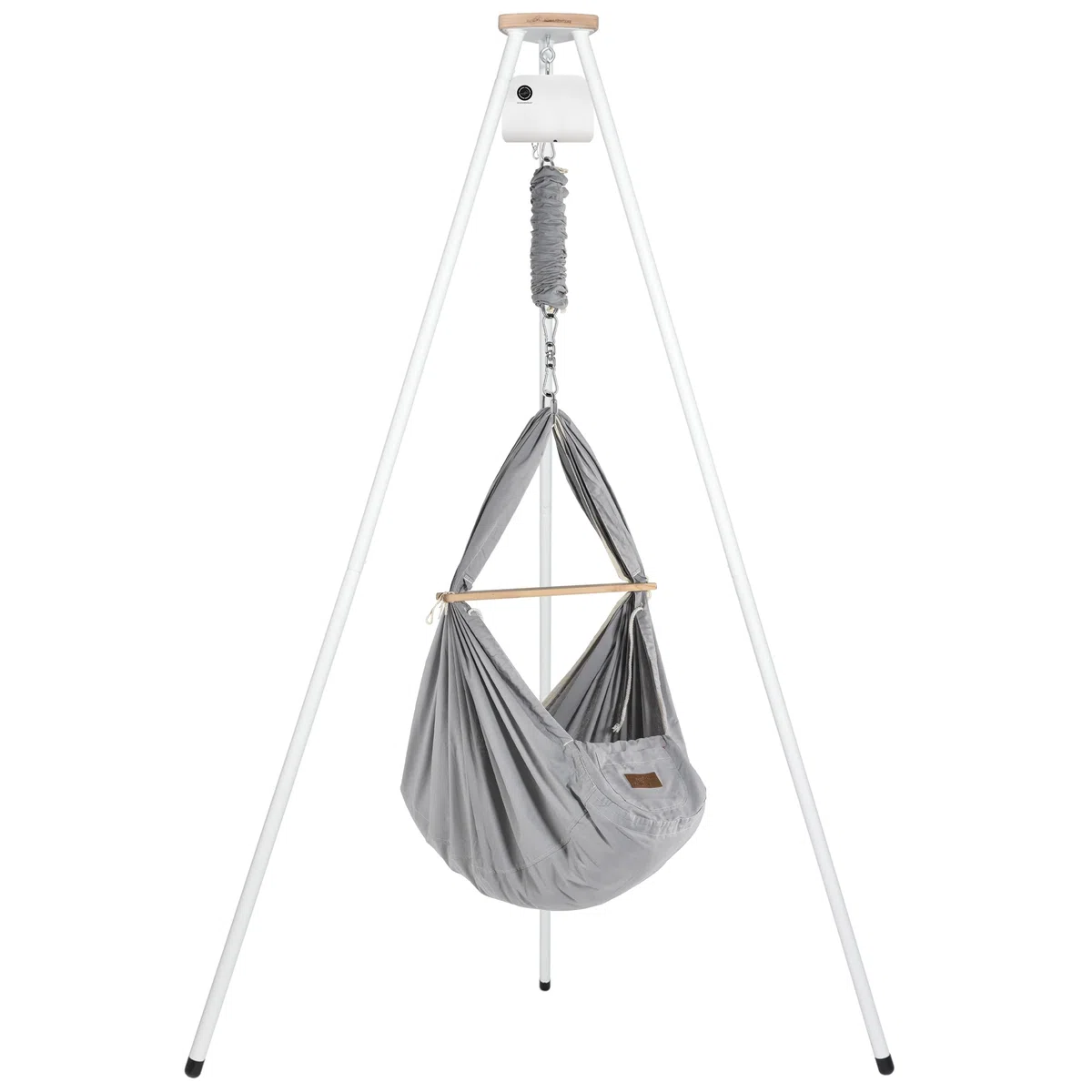 SCHMUSEWOLKE Berceau à ressorts, BioGrey, avec moteur et tipi blanc, hamac pour bébés et tout-petits de la naissance à 3 ans, coton biologique, avec matelas en laine de mouton