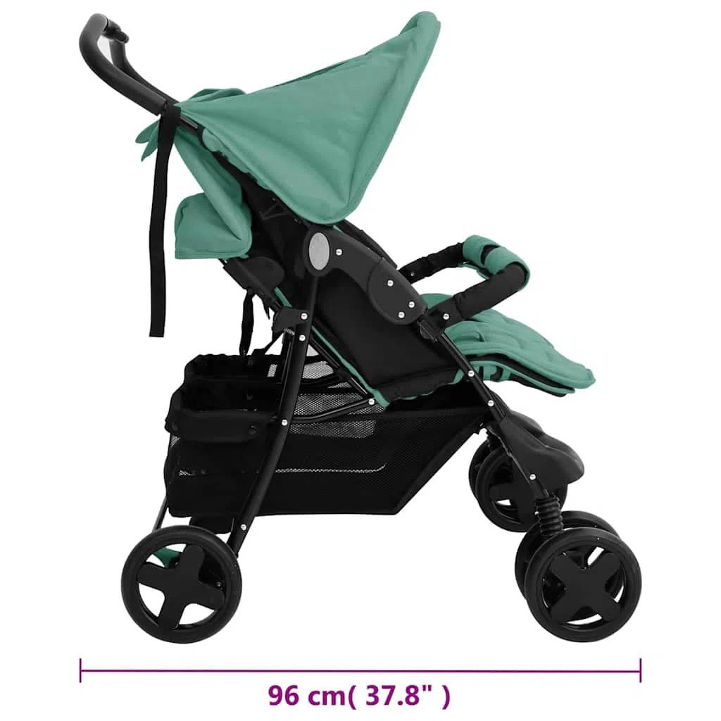 vidaXL Poussette à Deux Places Landau Pliable de Vayage Poussette de Voyage pour Tout-petit Extérieur Protection contre Rayons UV Vert Acier