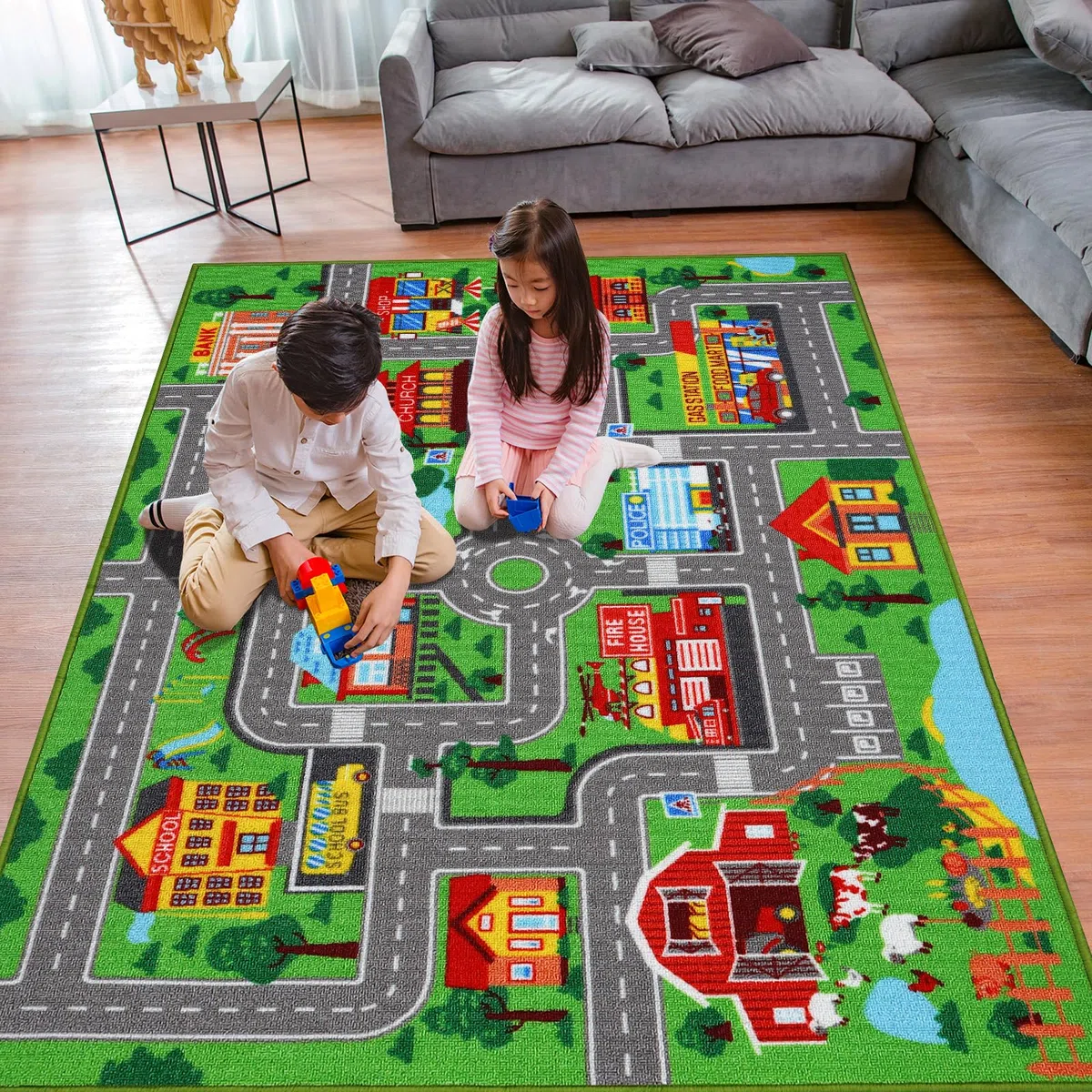 Tapis de jeu pour enfants, motif carte routière urbaine pour salle de jeux, chambre à coucher, salon (100 cm x 150 cm)