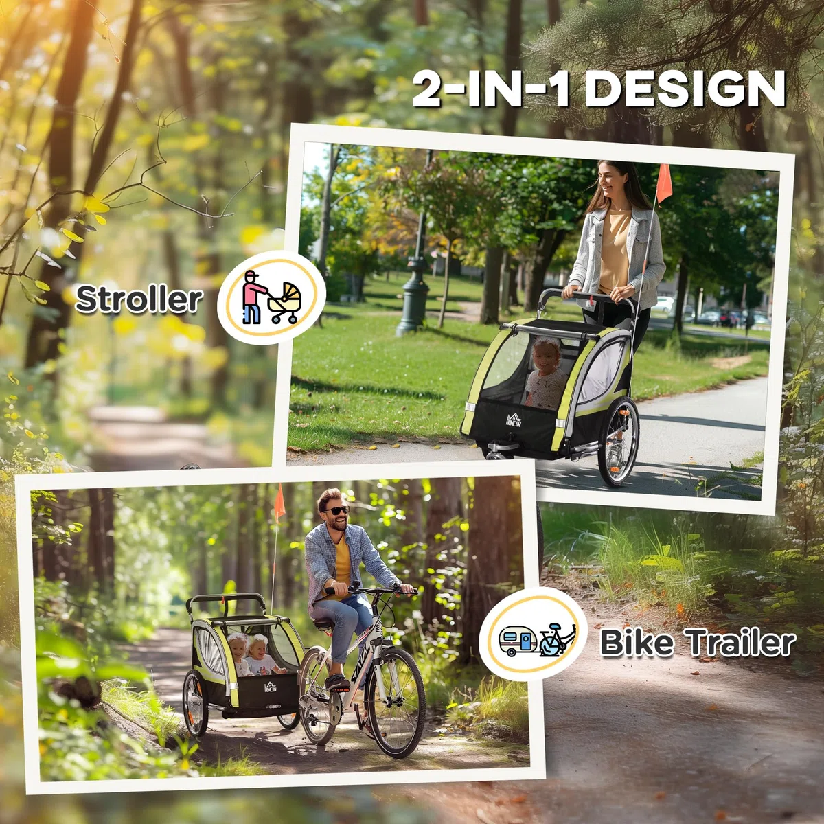 HOMCOM Remorque de vélo pour enfants et poussette, design 2 en 1 avec frein, ceinture à 5 points, remorque de vélo avec poches latérales, catadioptres et banderole, Jaune