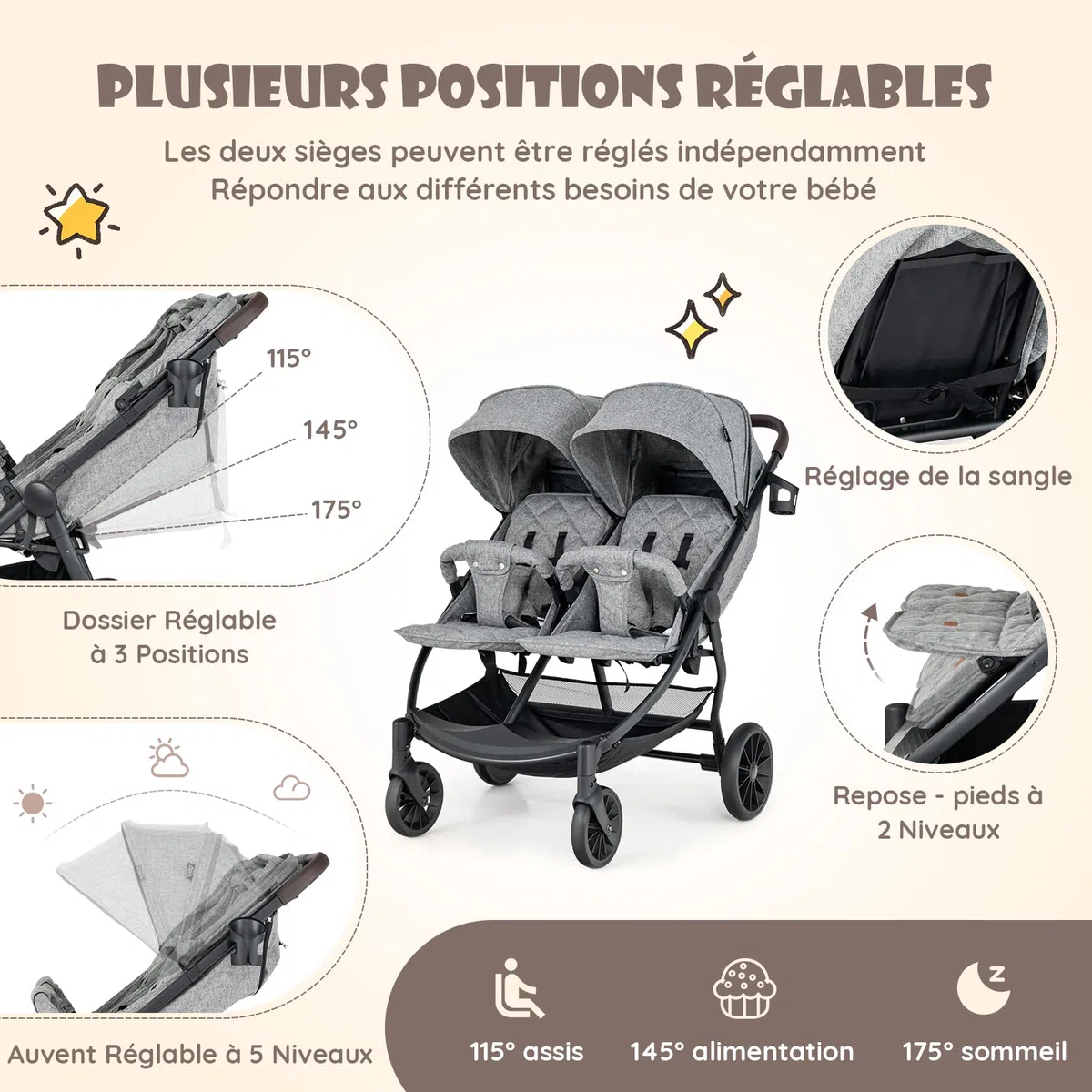 COSTWAY Poussette Canne Double avec Porte-Gobelet, Poussette Côte à Côte avec Dossier & Auvent Réglable, Pliable d'une Main, Ceinture de Sécurité, Charge 15KG pour Bébé 0 à 3 Ans