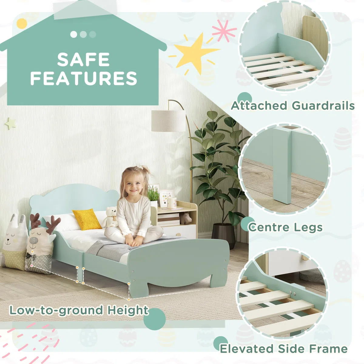 Lit Montessori pour Enfants 3-6 Ans 140x70 cm avec Côtés Anti-Chute et Sommier à Lattes Bois Vert