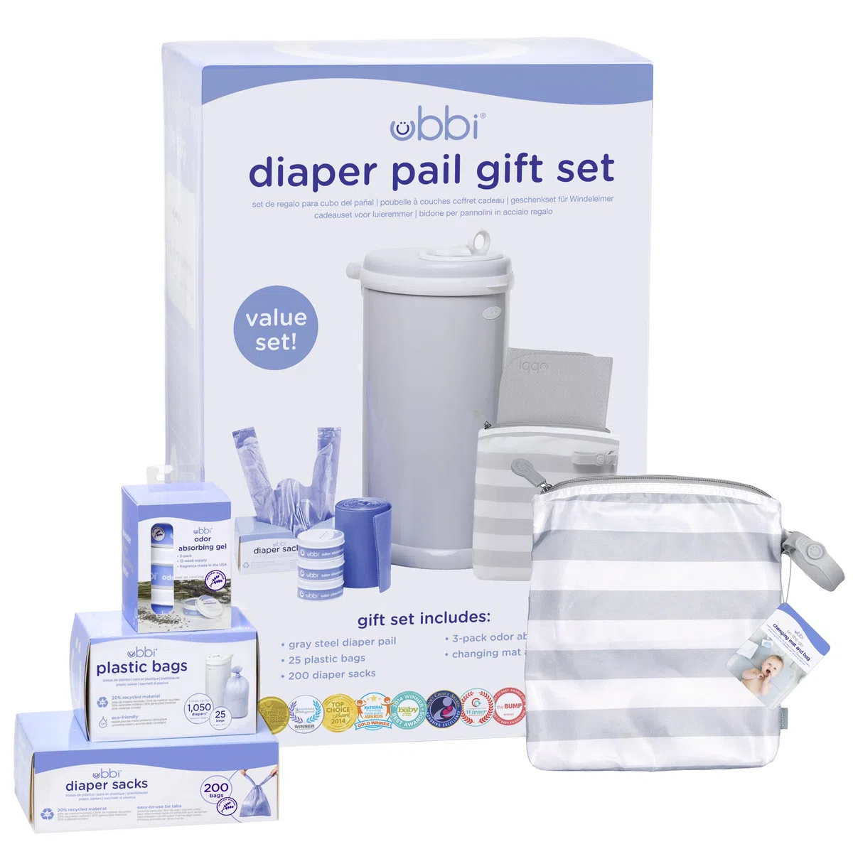 Ubbi Diaper Changing Value Set, Odor Locking Modern Design Baby Accessory Must Have Set Includes Grey Diaper Pail, Diaper Sacks, Odor Absorbing Gel, Travel Chaning Mat and Diaper Pail Waste Bags