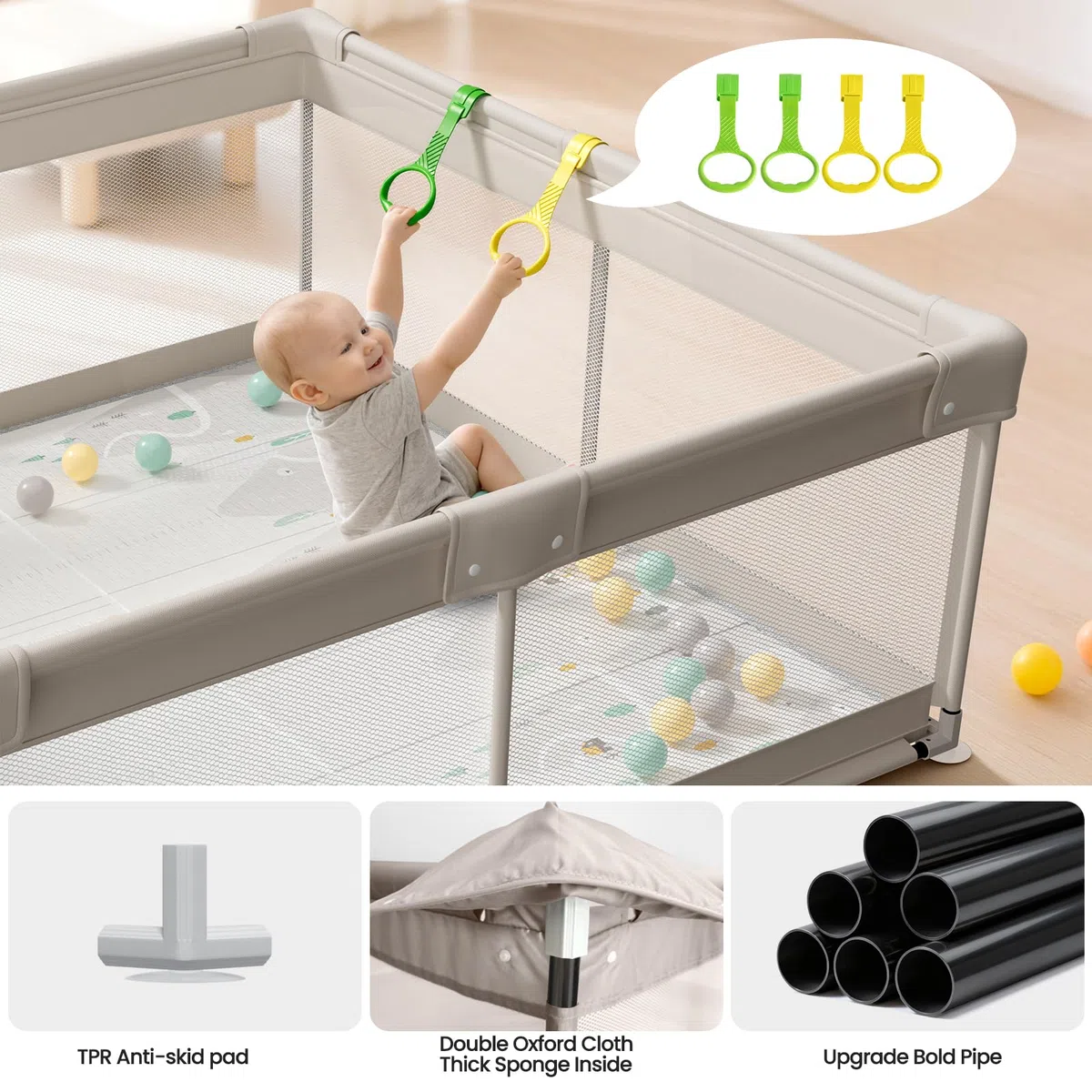 Parc Bebe avec Tapis 150x150cm - Barrière de Jeu pour Enfant avec Tapis Mousse Pliable et Anneaux