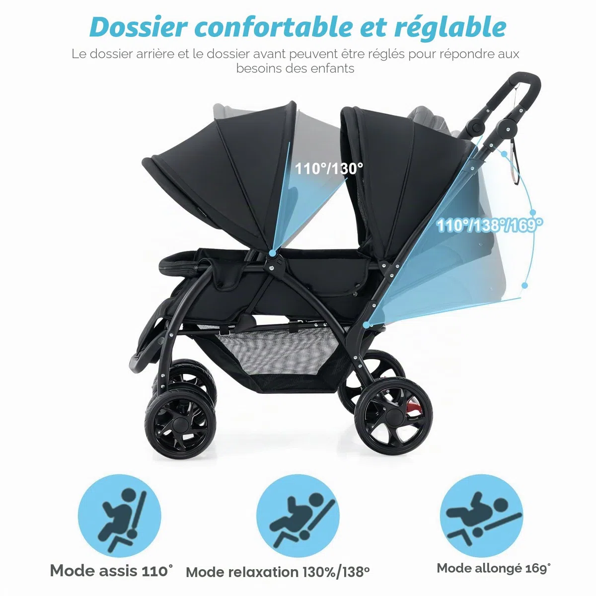 FANTASK Poussette double pliable avec dossier réglable et capote - Pour bébé à partir de 6 mois - Charge maximale : 30 kg - Noir