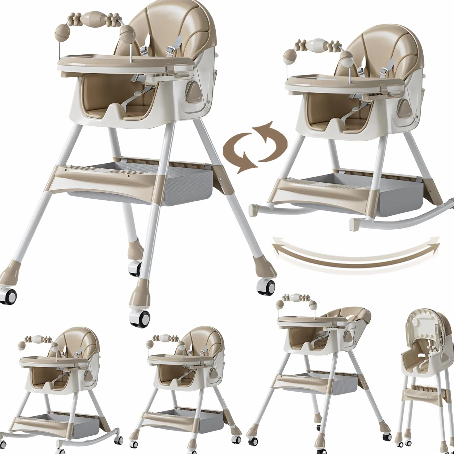 MoLi Cuir PU Chaise Haute Bébé avec Fonction Bascule, Chaise Haute Bébé Evolutive à Roulettes, Réglable et Facile à Plier Chaises Hautes, Chaises Bebe avec Double Plateau (560 Khaki)