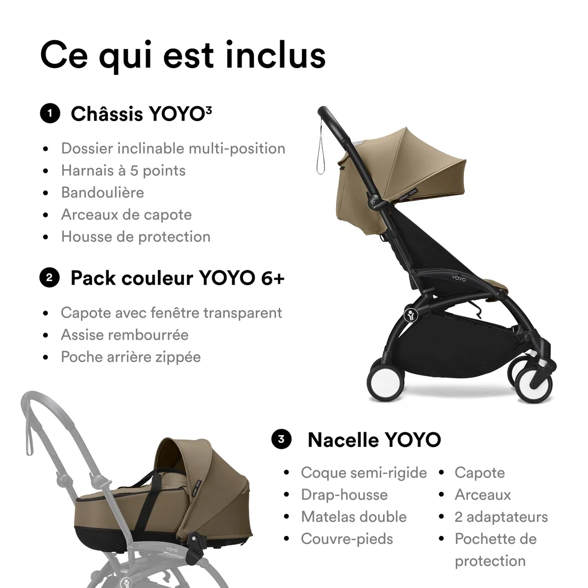 Poussette Stokke YOYO3 avec nacelle nouveau-né et pack couleur 6+ - Comprend un cadre noir, un pack couleur YOYO 6+ (Toffee) et une nacelle nouveau-né (Toffee)