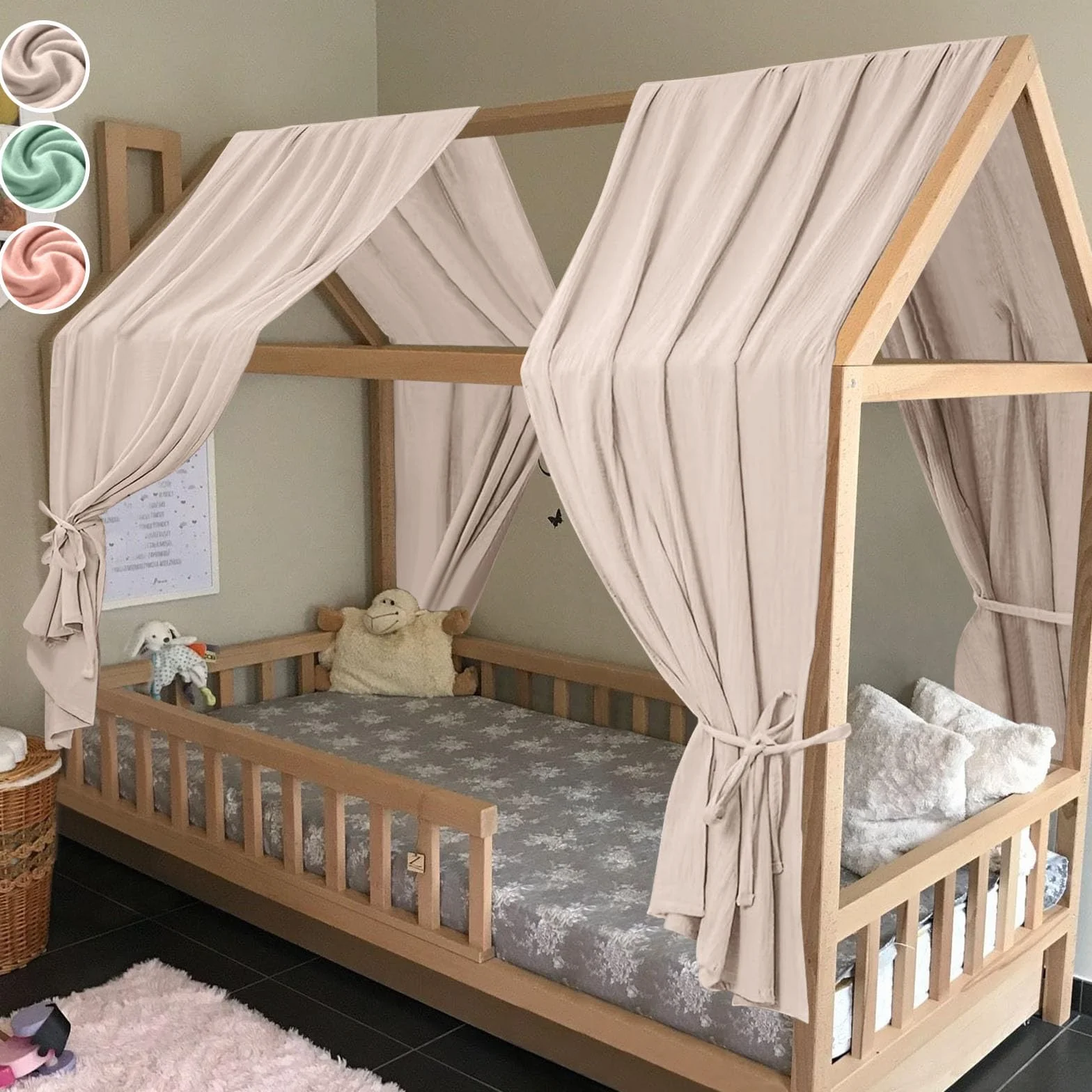 HOTUT 130 * 320cm Ensemble de Décoration de Lit 2 Pièces avec 2 Ciels de Lit,100% Mousseline de Coton Biologique Adapté Aux Chambres de Garçons et de Filles-Gris
