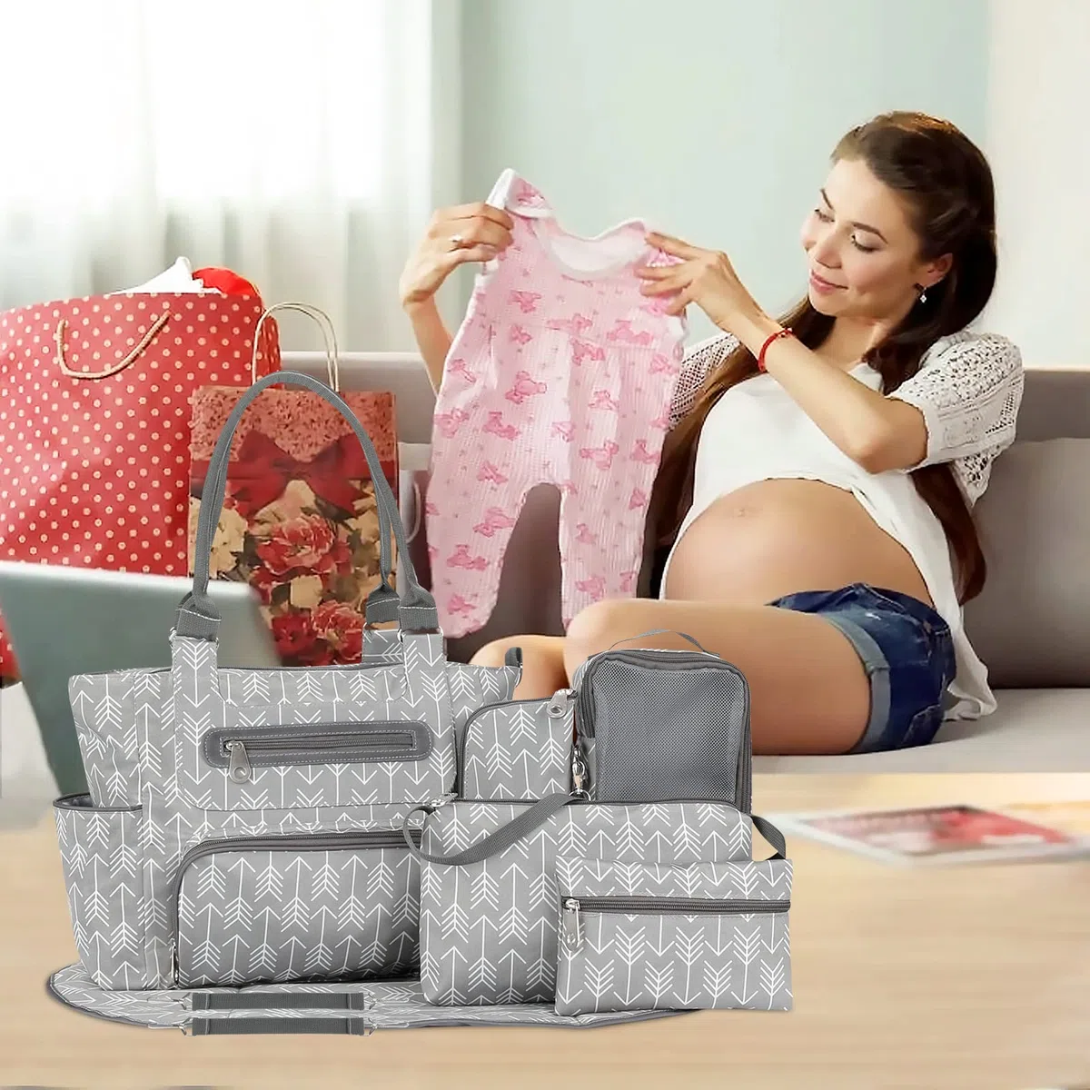 SONARIN Sac à Langer Bébé 7pces Multifonction Bandoulière avec Matelas à Langer & Crochets de Poussette