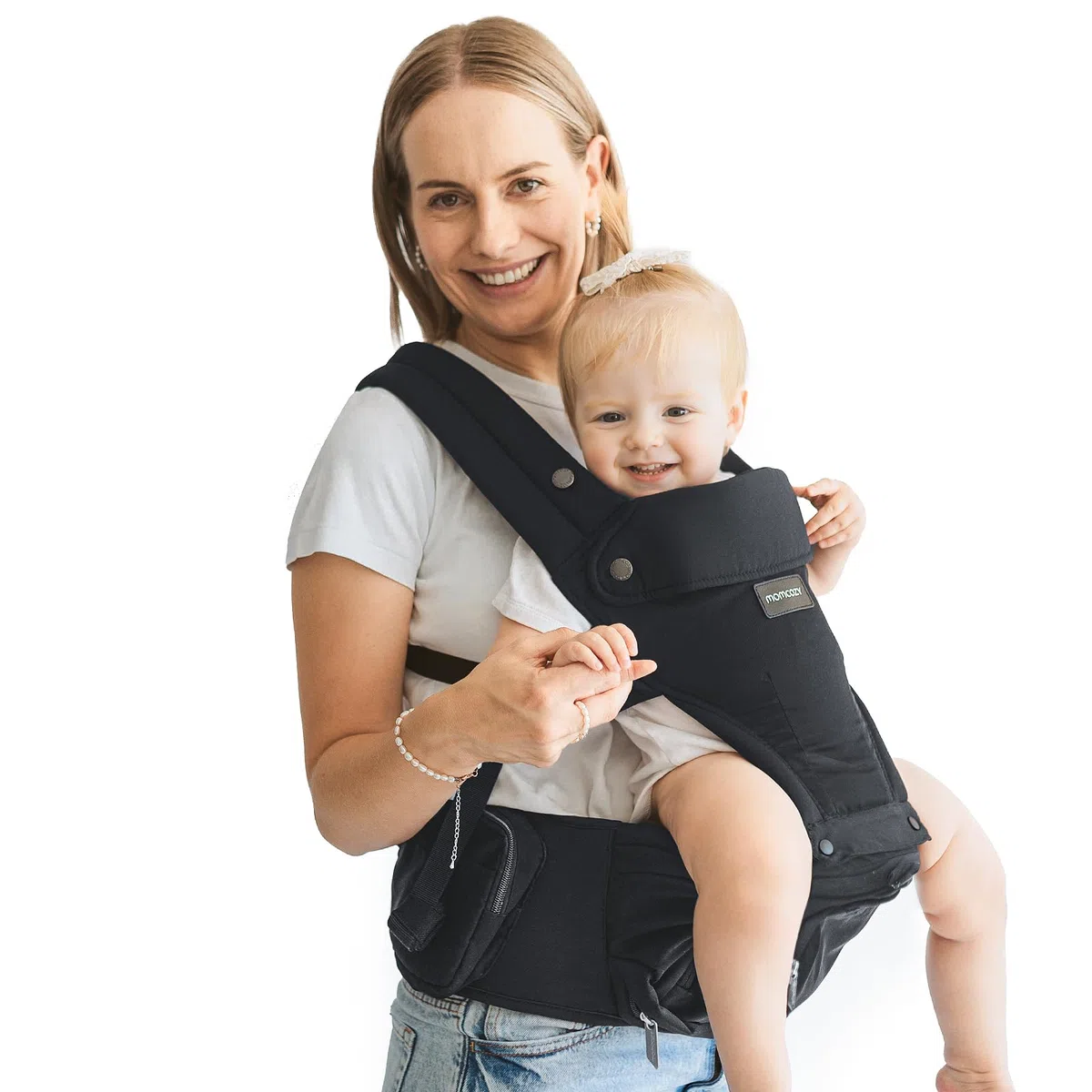 Momcozy Porte-bébé 2 en 1 avec coussin de hanche, réglable, amovible, jusqu'à 20 kg, respirant, soutien lombaire, noir