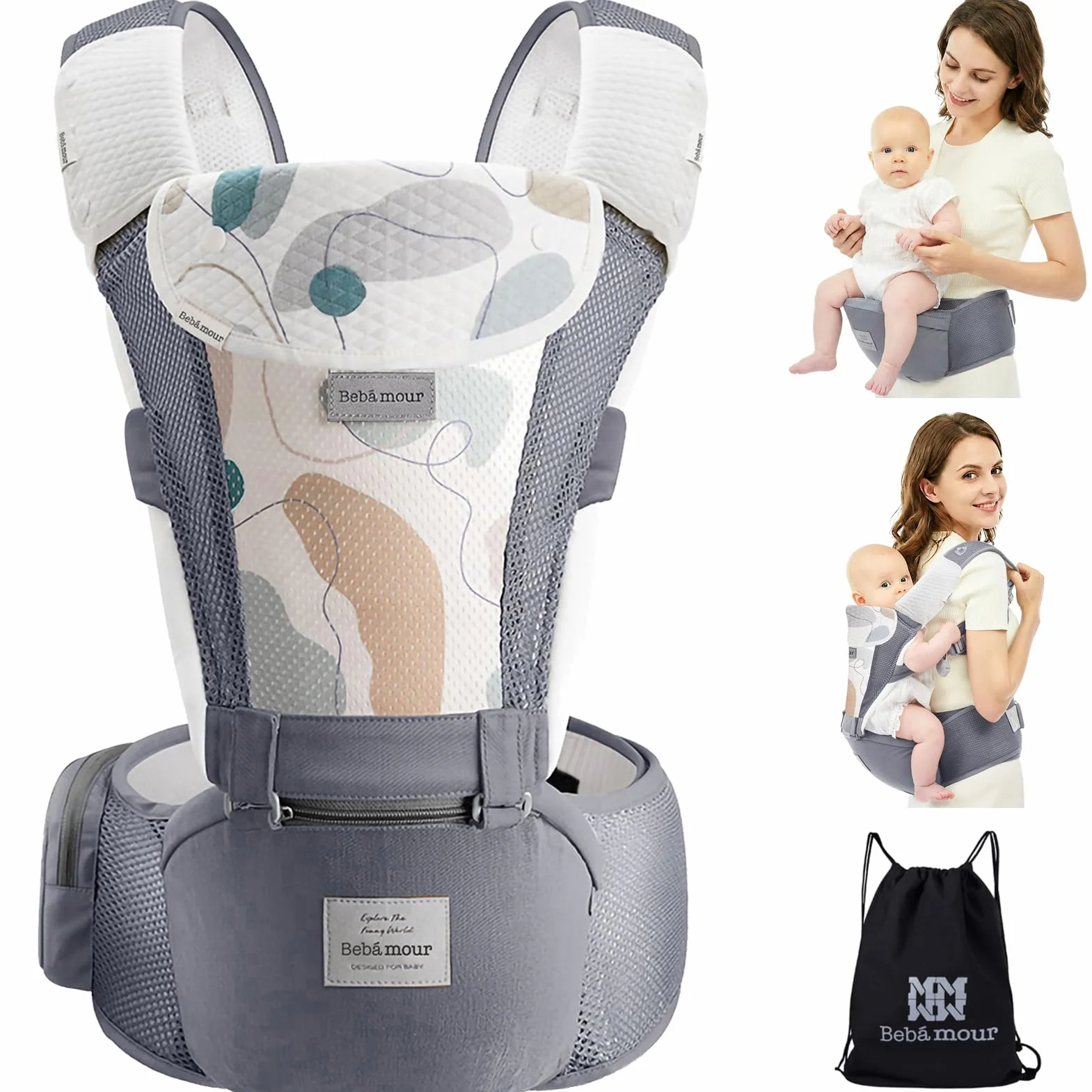 Bebamour Porte bébé Ergonomique Siège Hanche Coton Léger Respirant Multiposition Baby Carrier 0-36 Mois Gris 3D Air