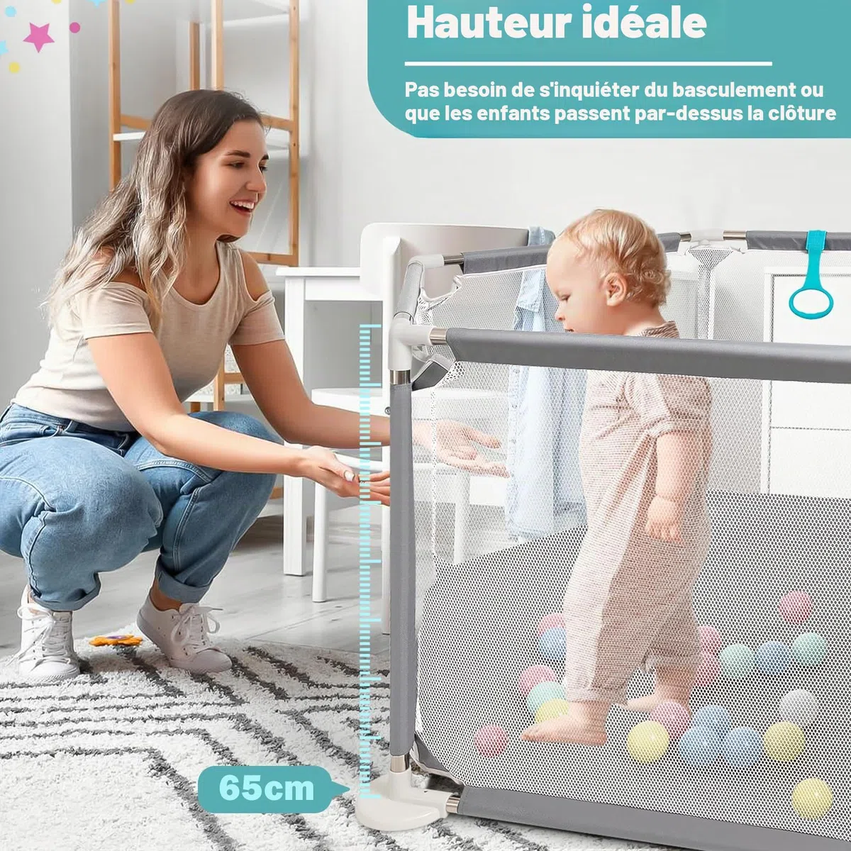 CHOLY Parc pour bébé et tout-petits, parc hexagonal stable avec filet respirant, clôture d'activités pour enfants pour l'intérieur et l'extérieur avec sac de voyage (gris clair)